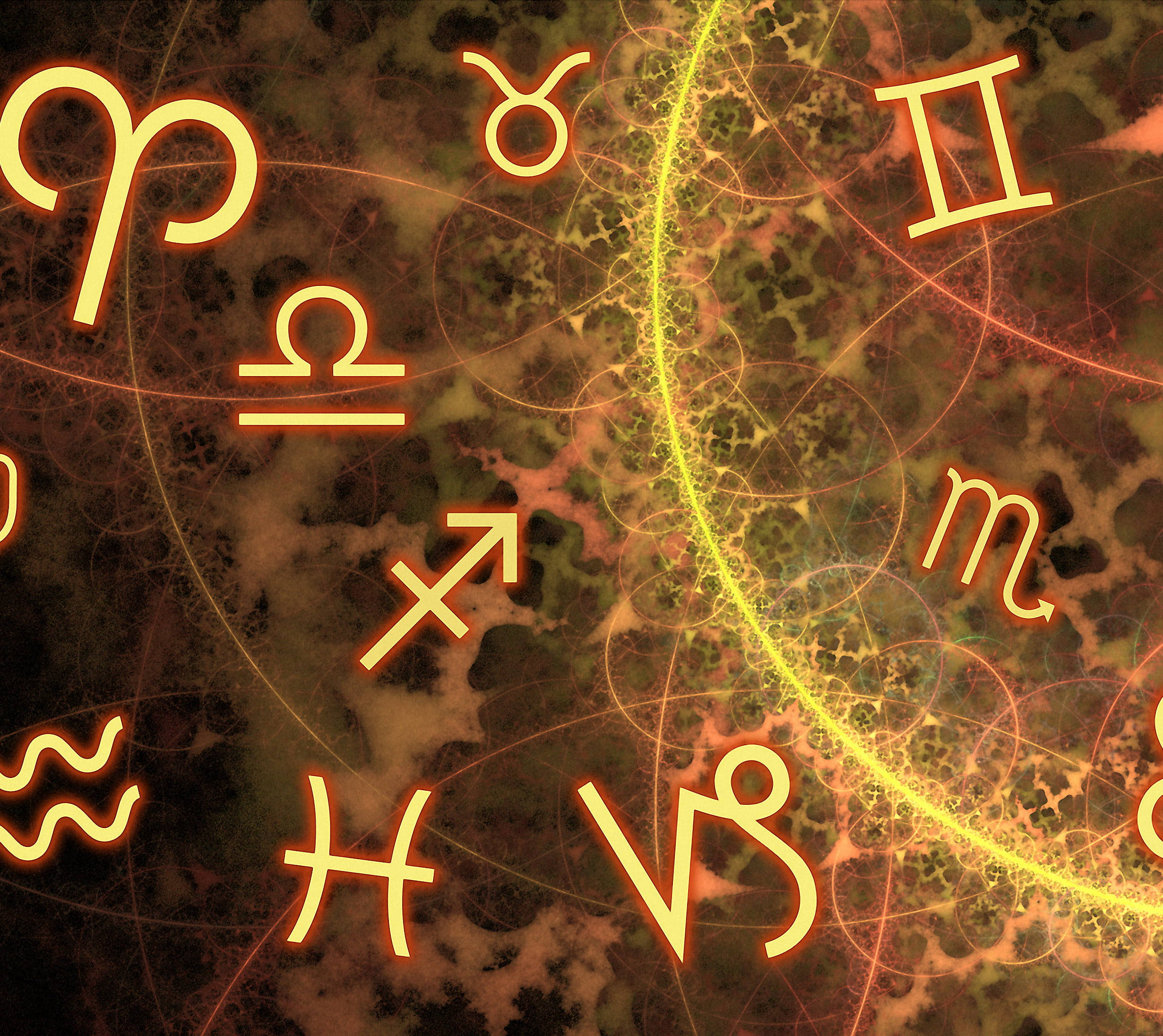 taurus 桌布 壁紙 — 發光的占星符號漂浮在溫暖琥珀色和金色調的漩渦宇宙圖案中。