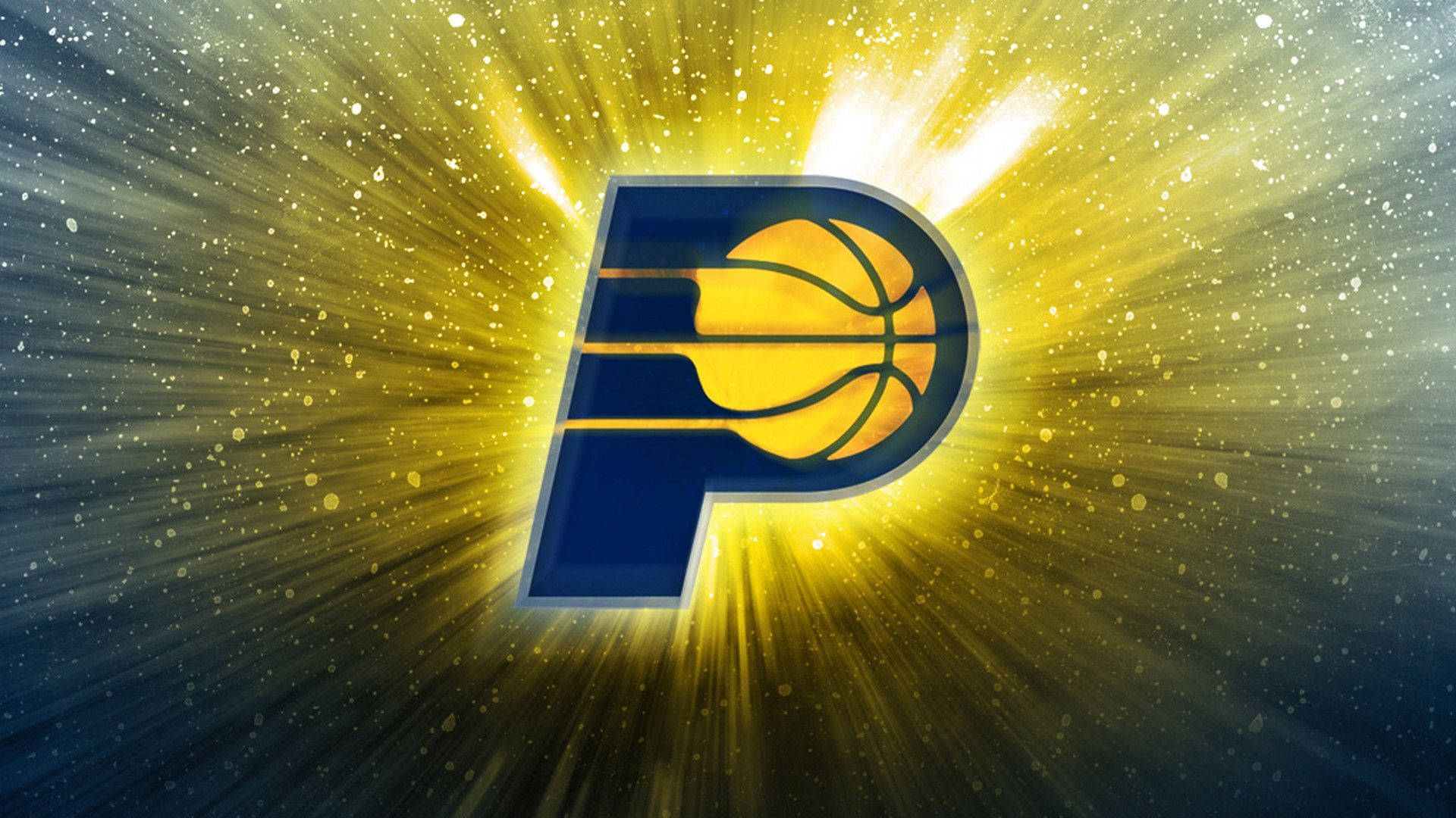 Pacers 桌布 壁紙 — 發光的印第安納溜馬隊標誌在深藍色背景上散發出金色光芒，並帶有閃爍的粒子。