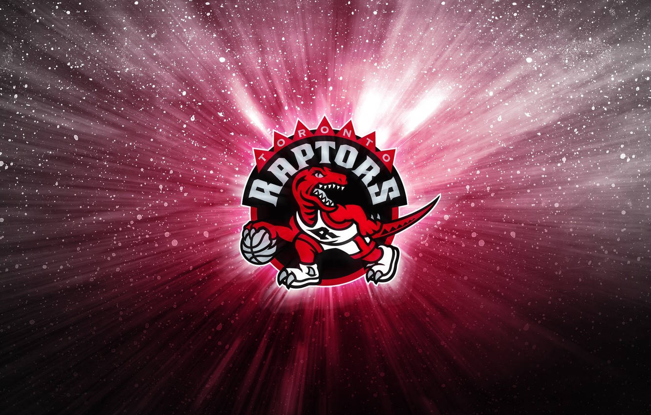 Raptors 桌布 壁紙 — 發光的多倫多暴龍隊標誌在黑暗的宇宙背景中散發出明亮的粉紅色光芒，帶有星芒射線。