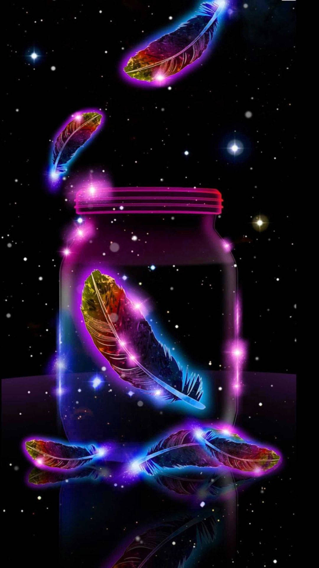 霓虹發光的羽毛在星空宇宙場景中漂浮在罐子周圍。 — 可愛的銀河動圖 壁紙