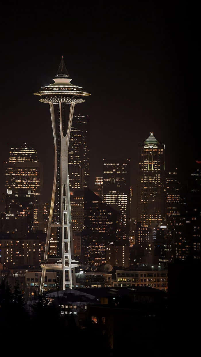 Seattle At Night 桌布 壁紙 — 發光的太空針塔在黑暗的天空中高高聳立，被西雅圖充滿活力的夜景中閃爍的摩天大樓所環繞。
