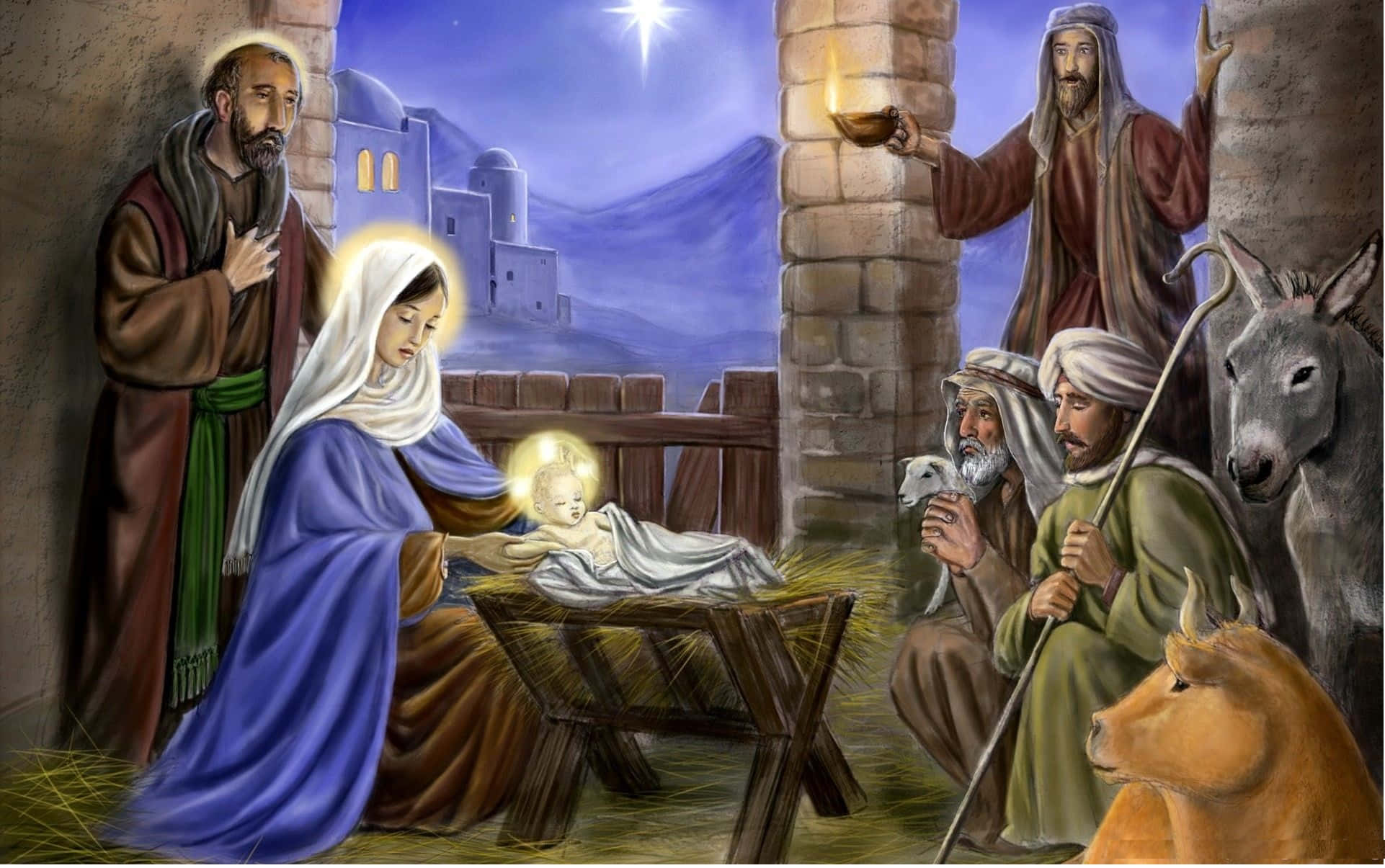 Nativity 桌布 壁紙 — 發光的嬰兒耶穌躺在馬槽裡，馬利亞和約瑟低頭看著，周圍有牧羊人和動物，在星光燦爛的天空下。