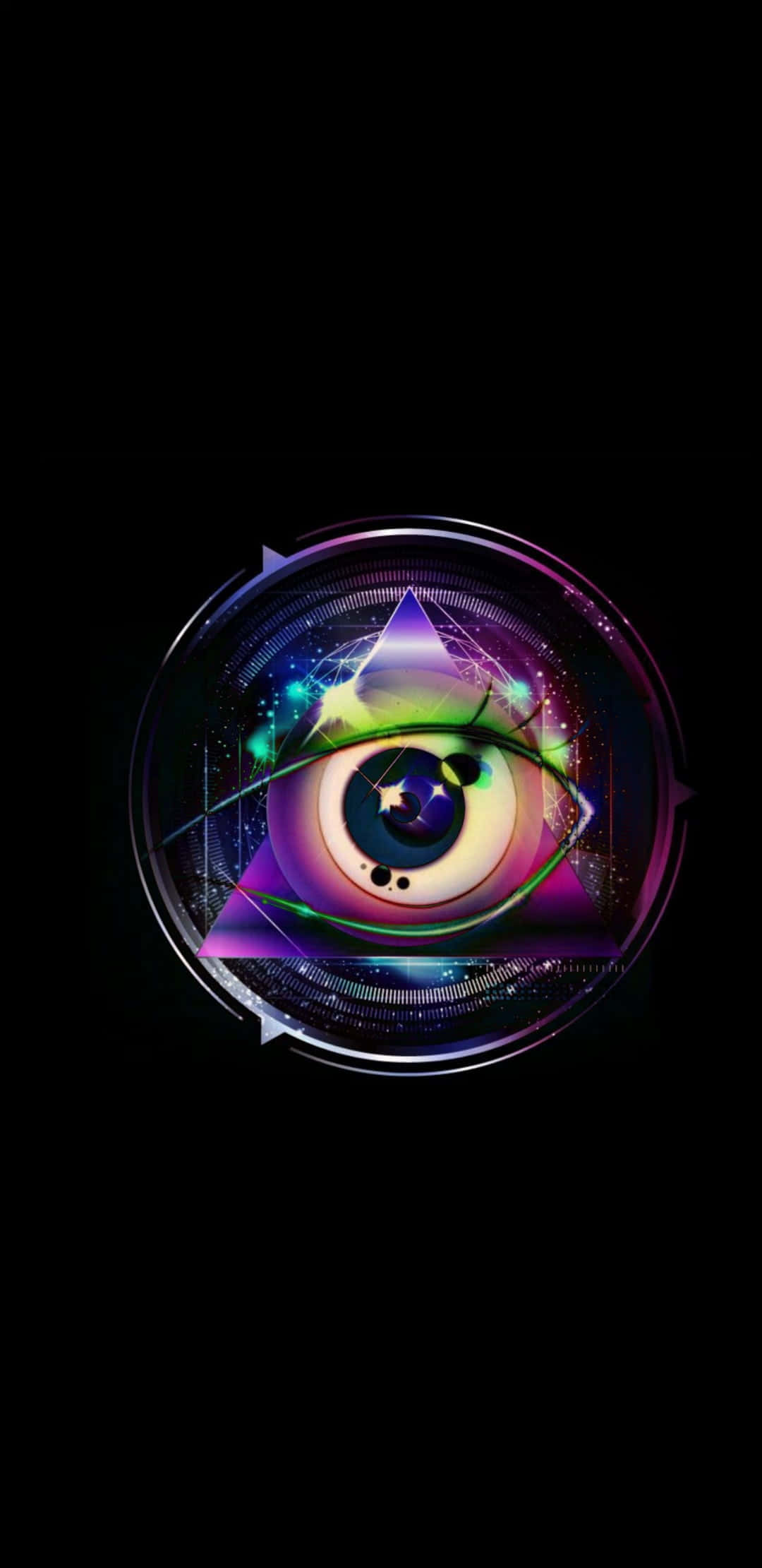 illuminati 桌布 壁紙 — 發光的宇宙之眼，帶有霓虹色調和幾何圖案，置於黑色背景上。