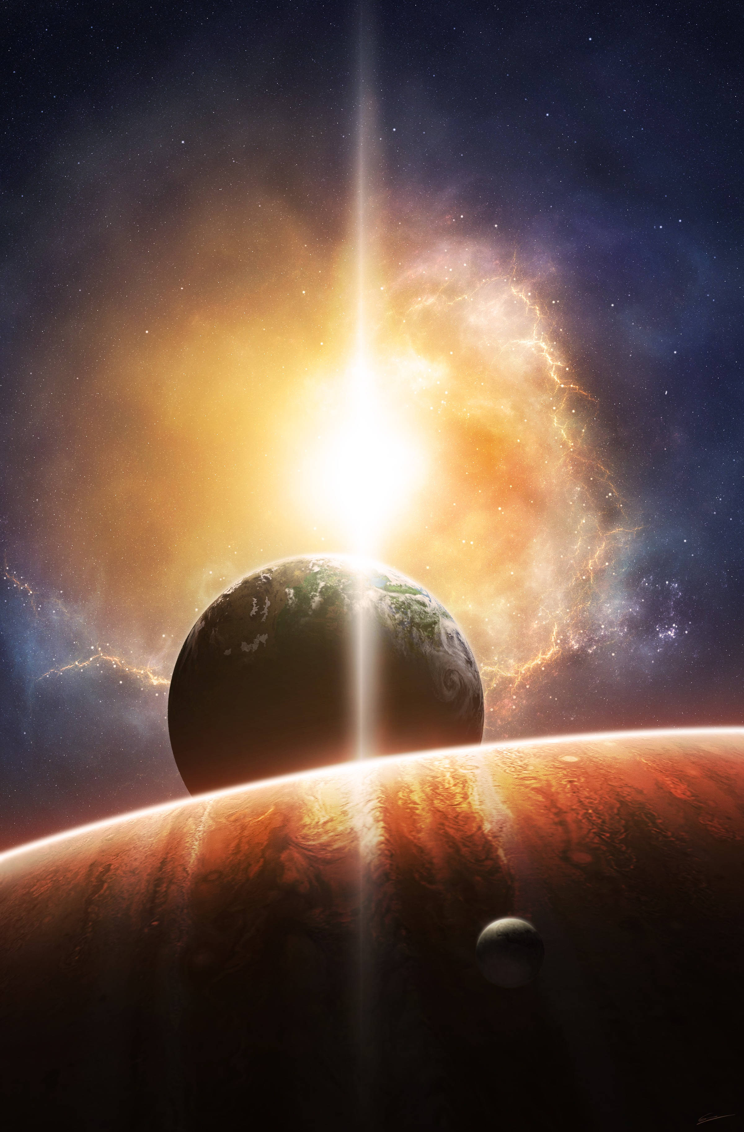 外太空 桌布 壁紙 — 發光的宇宙日出照亮了一顆行星，它正從一個帶有小衛星的微紅外星世界上方升起。