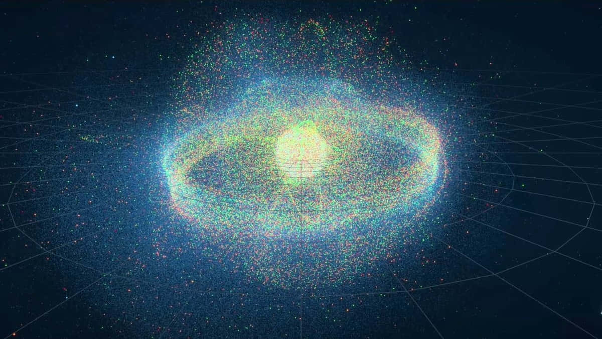 Space Debris 桌布 壁紙 — 發光的宇宙星雲，帶有旋轉的多色粒子和網格疊加，背景是繁星點點的深藍色太空。