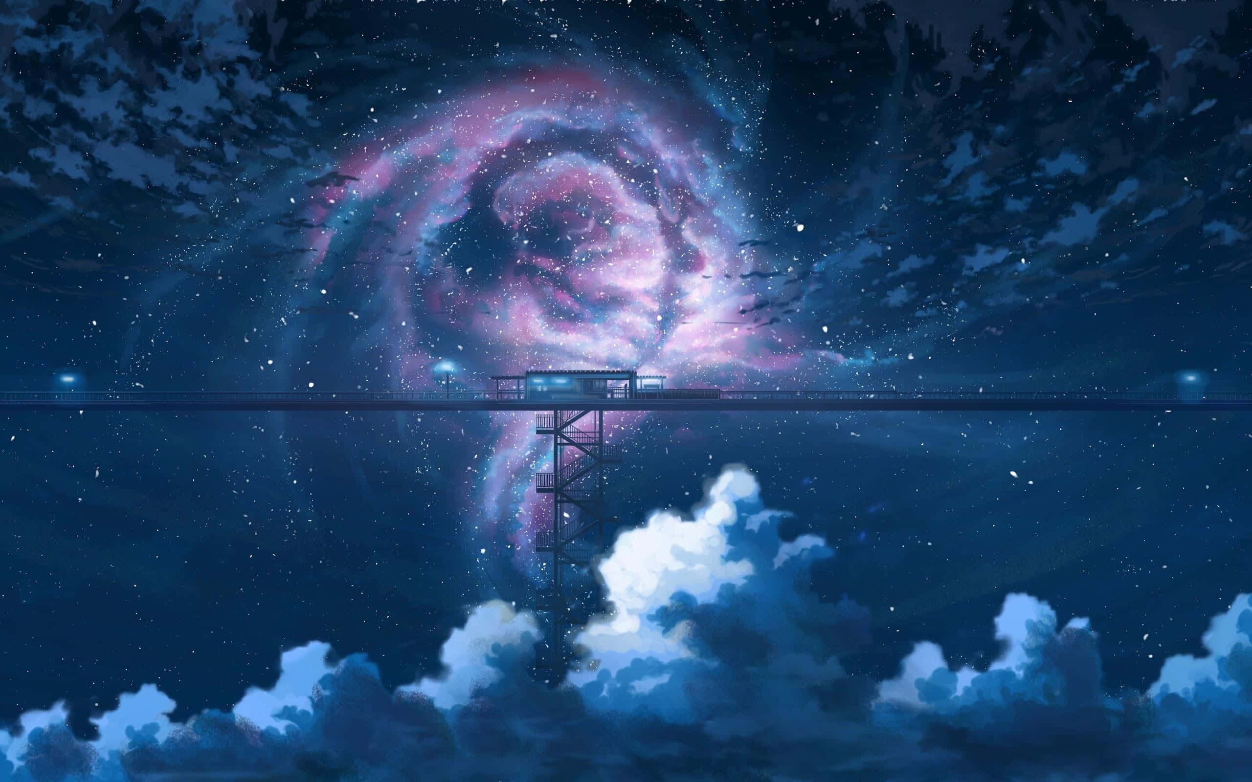 動畫 桌布 壁紙 — 發光的宇宙星雲在夜晚的孤獨碼頭上空盤旋，完美倒映在下方平靜的水面上。