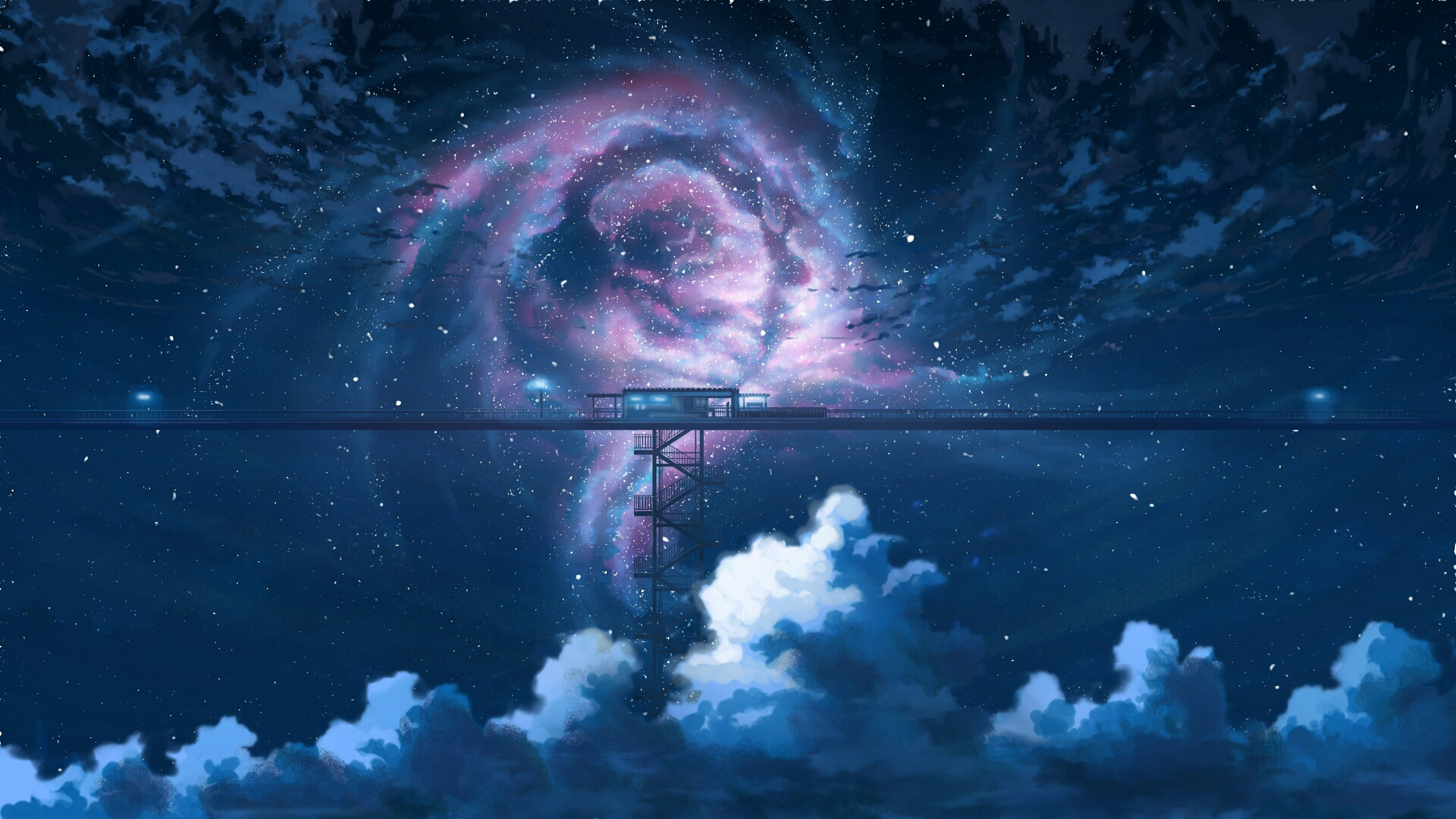 雲朵 桌布 壁紙 — 發光的宇宙星雲在星空下雲層上的孤獨觀景台上方旋轉。