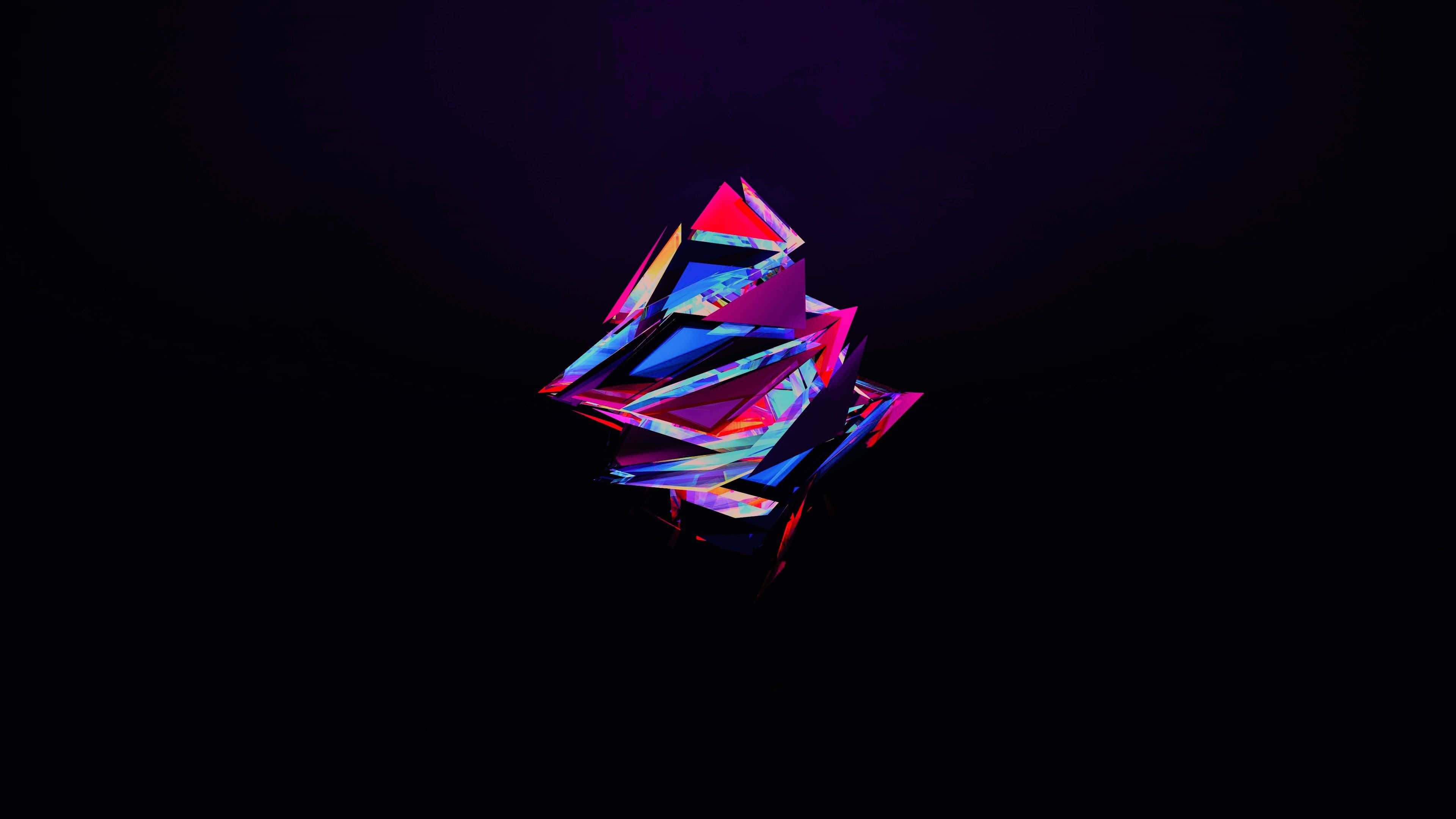 Shapes 桌布 壁紙 — 發光的幾何水晶結構在深黑色虛空中脈動著霓虹粉紅、藍色和紫色色調。