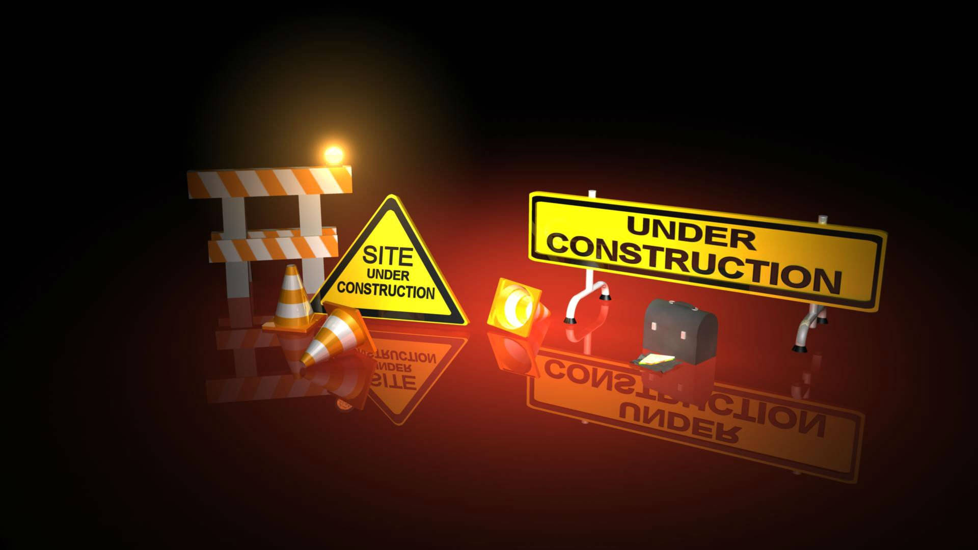construction 桌布 壁紙 — 發光的建築標誌和交通錐在黑暗空間中漂浮，溫暖的橙色燈光投射出反射。