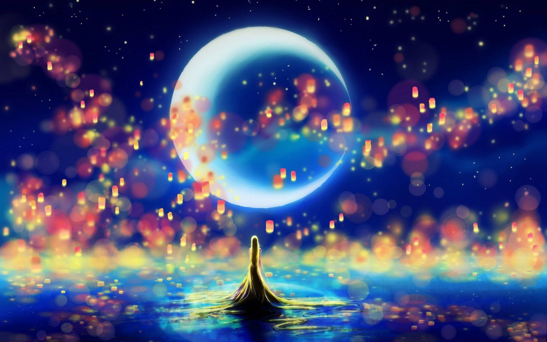 魔髮奇緣 桌布 壁紙 — 發光的彎月漂浮在寧靜的水面上，水面點綴著漂浮的燈籠和星光倒影。