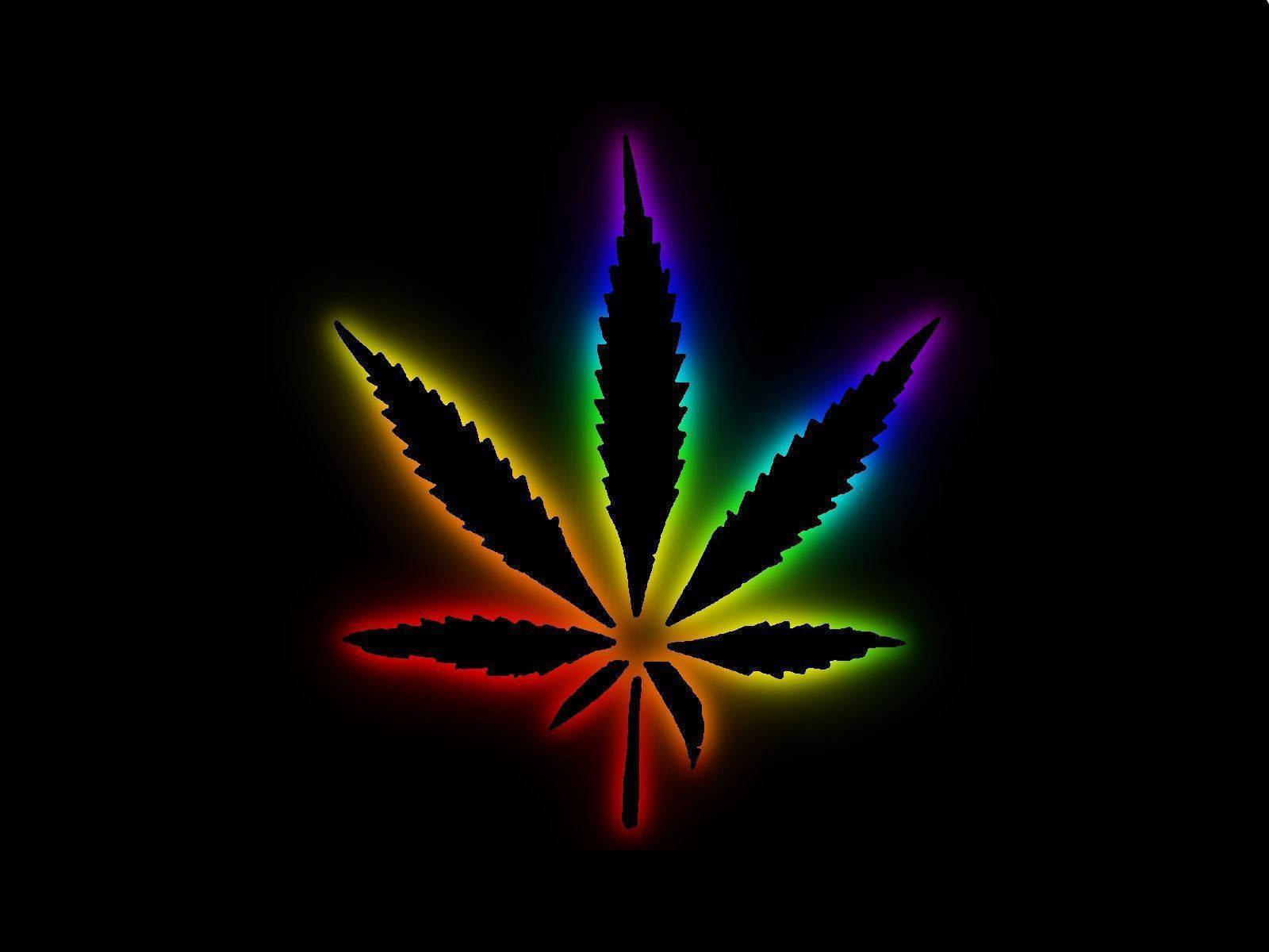 Marijuana Leaf 桌布 壁紙 — 發光的彩虹大麻葉剪影在純黑色背景上散發著鮮豔的光譜邊緣。