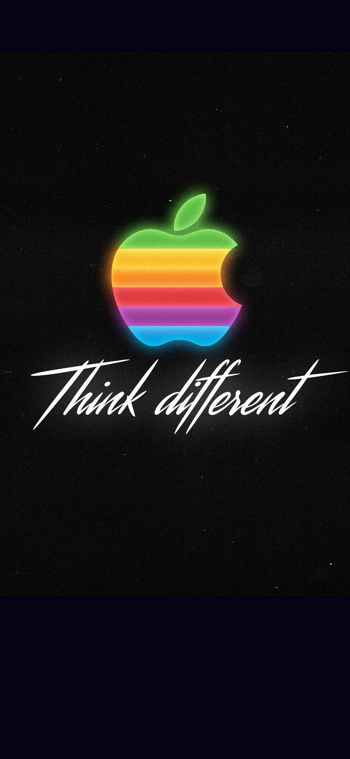 iPhone XS 桌布 壁紙 — 發光的彩虹條紋 Apple 標誌，帶有「Think different」文字，黑色背景。