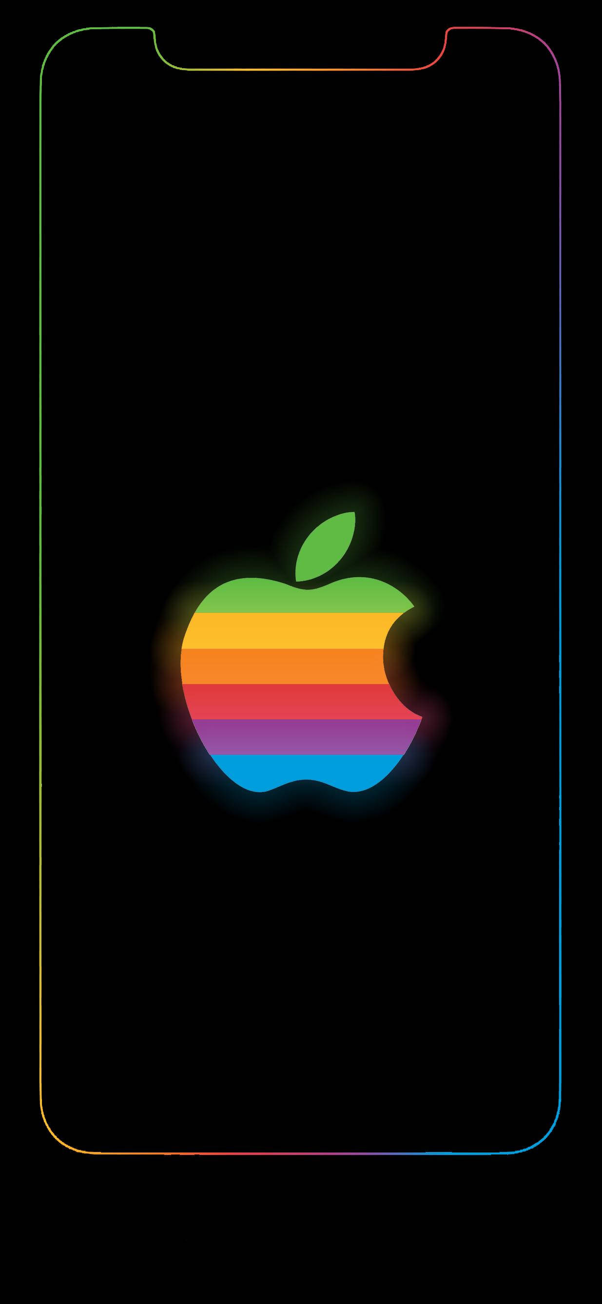 Outline 桌布 壁紙 — 發光的彩虹條紋Apple標誌居中於黑色手機螢幕上，帶有彩色霓虹邊框。