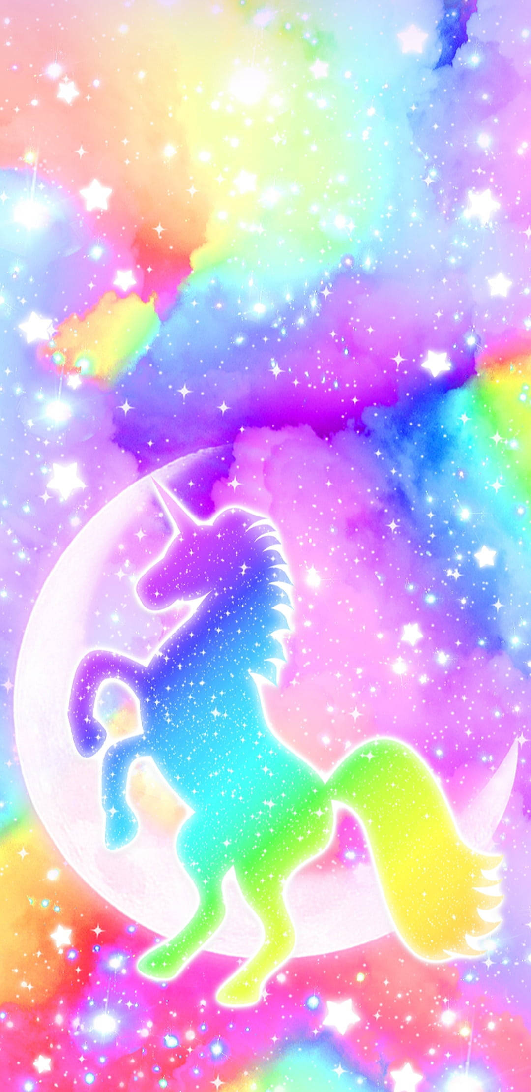 銀河 桌布 壁紙 — 發光的彩虹獨角獸剪影在充滿漩渦粉彩和閃爍星星的鮮豔宇宙背景下優雅地跳躍。