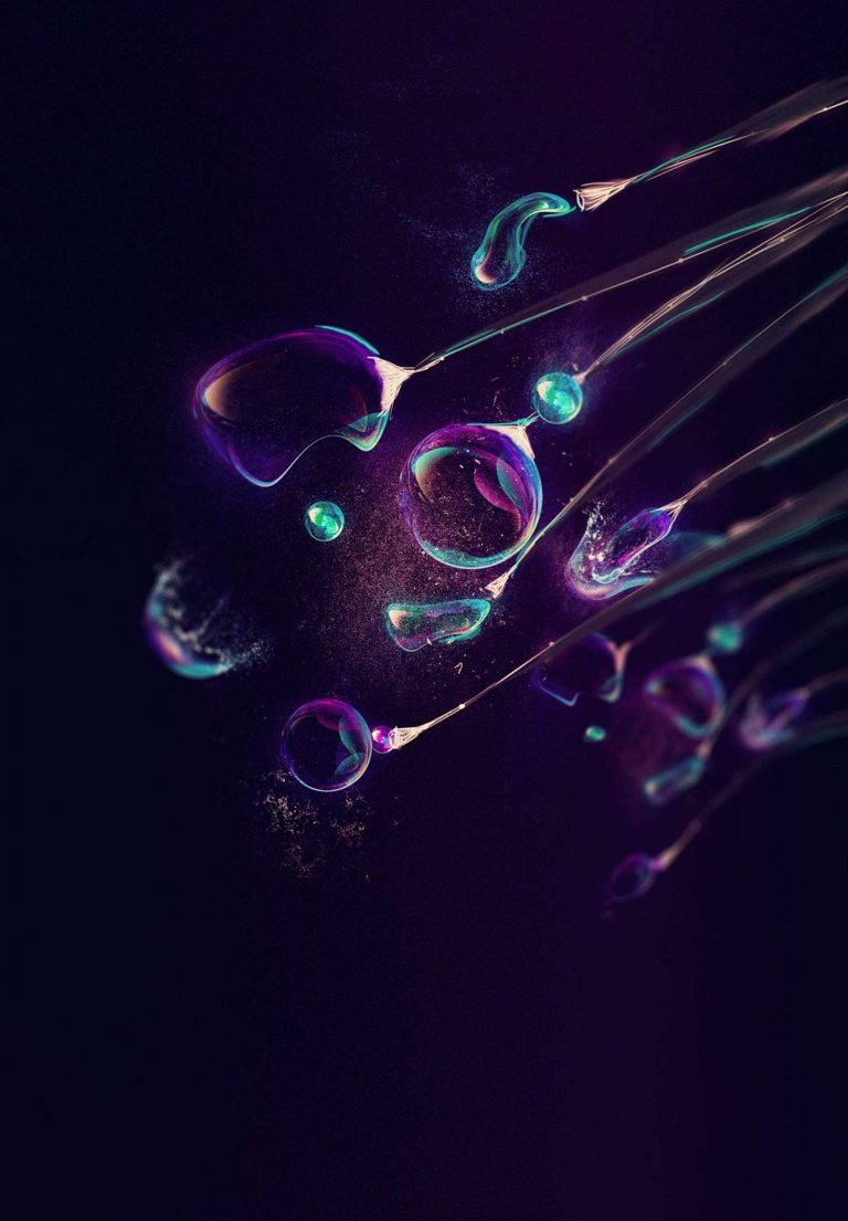 抽象 桌布 壁紙 — 發光的彩虹色氣泡漂浮在深紫黑色背景上，帶有細膩的液體痕跡。