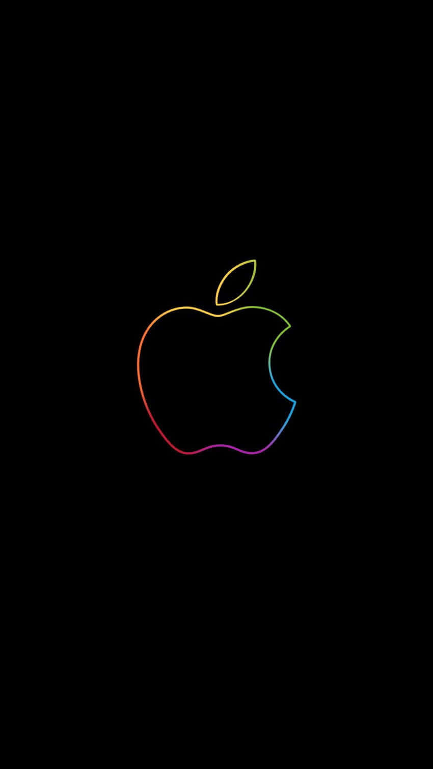 手機 桌布 壁紙 — 發光的彩虹輪廓Apple標誌居中於純黑色背景上。