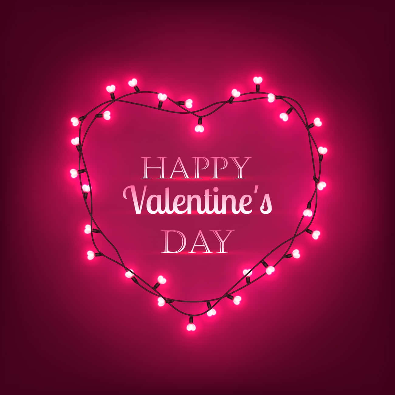 happy valentine's day 桌布 壁紙 — 發光的愛心形狀燈串框住 'Happy Valentine's Day' 文字，背景為深粉紅色。
