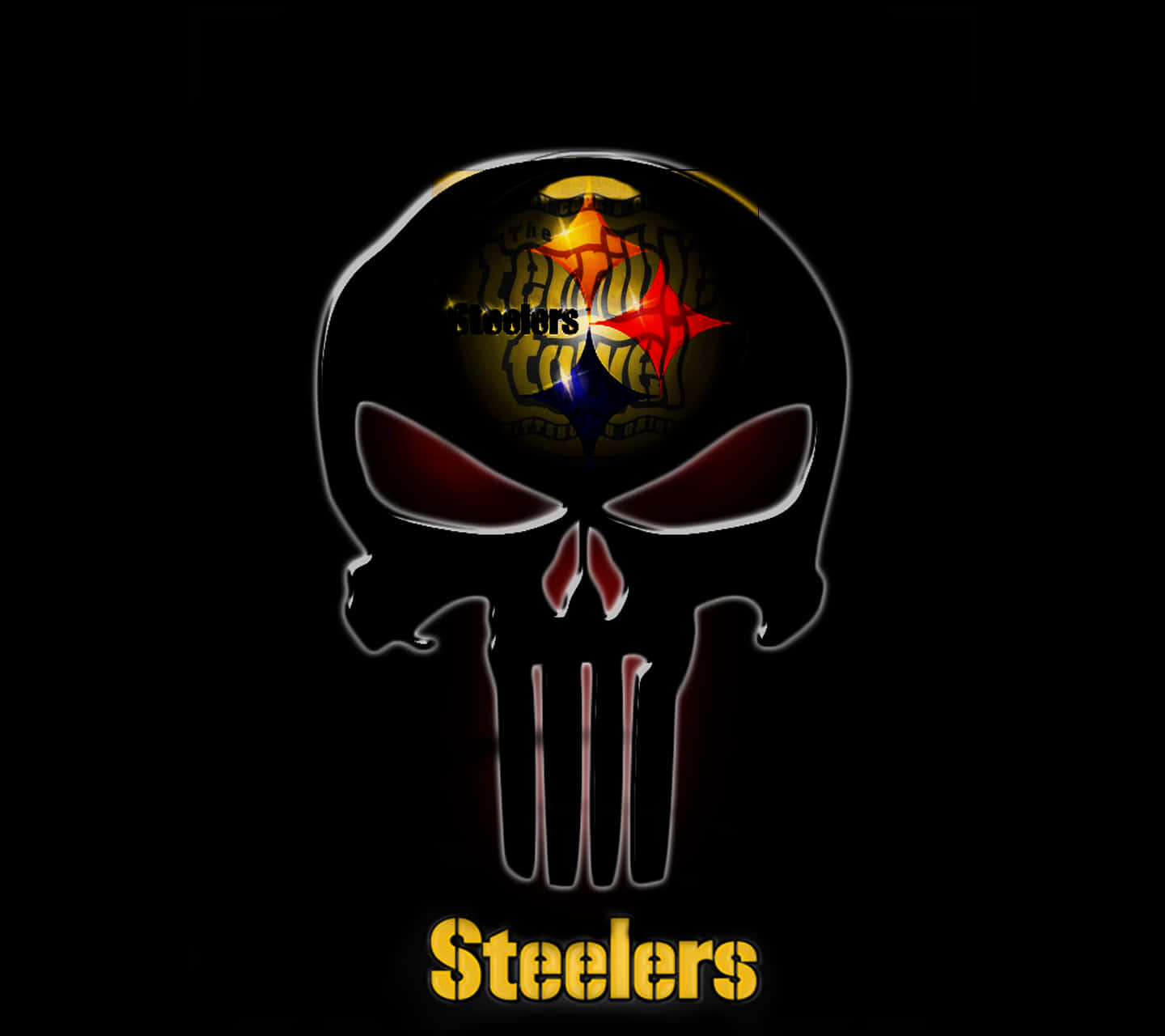 Steelers Logo 桌布 壁紙 — 發光的懲罰者骷髏頭，帶有匹茲堡鋼人隊標誌和文字，背景為黑色。