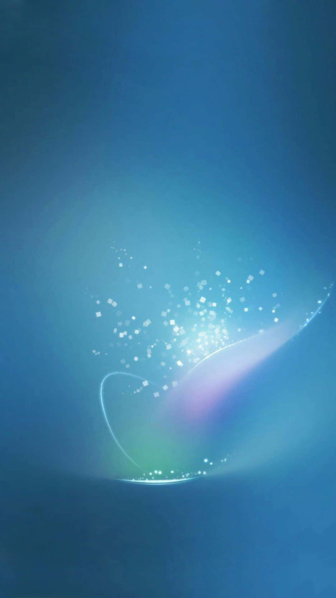 Blue iPhone 桌布 壁紙 — 發光的抽象光粒子漩渦從彎曲的光束中出現，背景為漸變藍色。