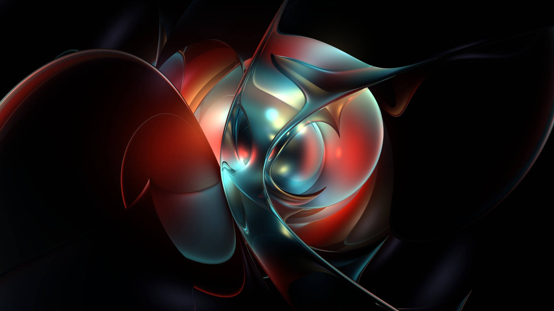 3d Full 桌布 壁紙 — 發光的抽象流體形態在深紅和冷藍色中旋轉，襯托黑色虛空，營造出迷人的數位漩渦。
