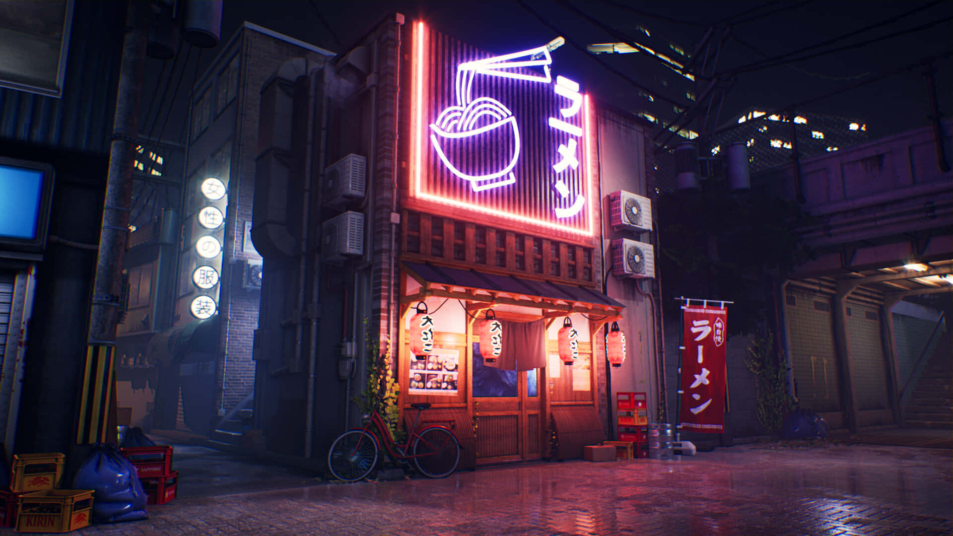 桌布 壁紙 — 發光的拉麵店霓虹招牌照亮了雨夜的東京小巷，在濕漉漉的路面上投射出粉紅色和橙色的倒影。