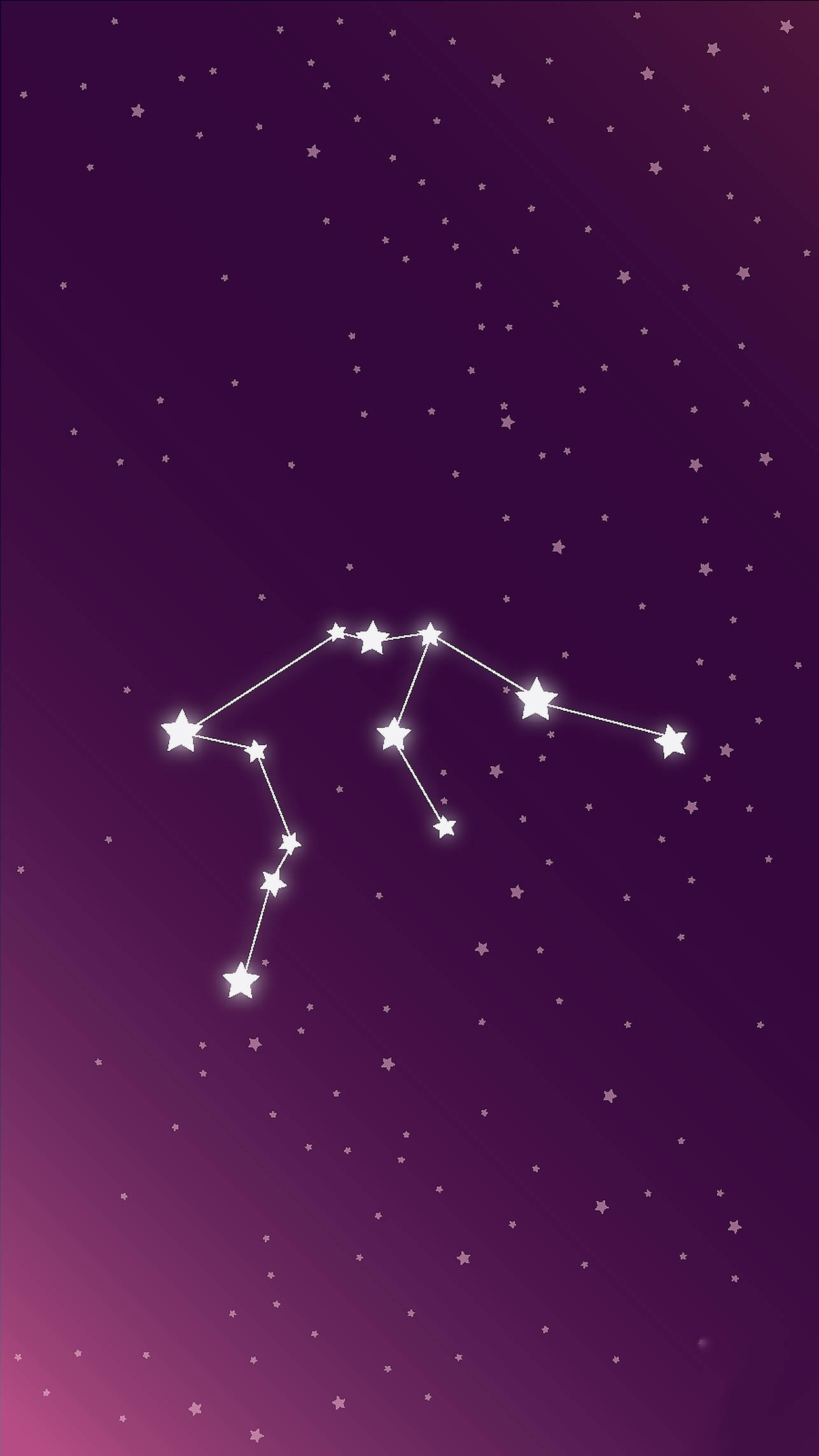 aquarius 桌布 壁紙 — 發光的星座輪廓連接明亮的星星，背景是漸變紫色夜空，點綴著閃爍的星星。