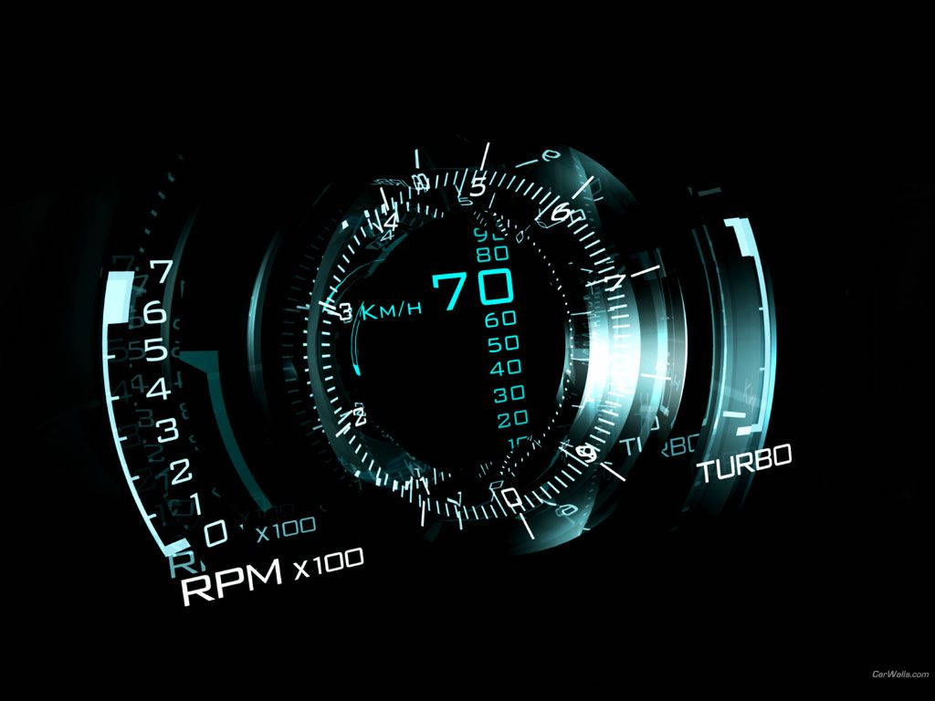 Speed 桌布 壁紙 — 發光的未來感汽車儀表板，帶有藍色數字顯示，顯示70公里/小時和渦輪增壓指示器，背景為黑色。