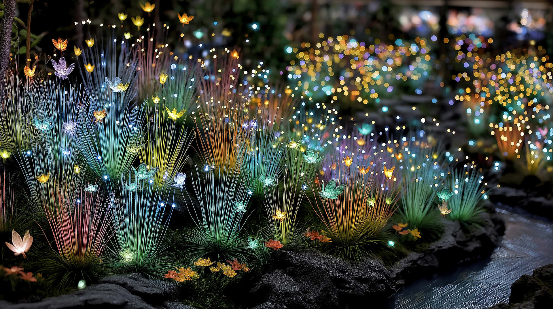 Fiber Optic Dreamscape 壁紙 — 發光的植物在蝴蝶燈的照耀下，在夜晚魔法花園的黑暗溪流旁綻放。