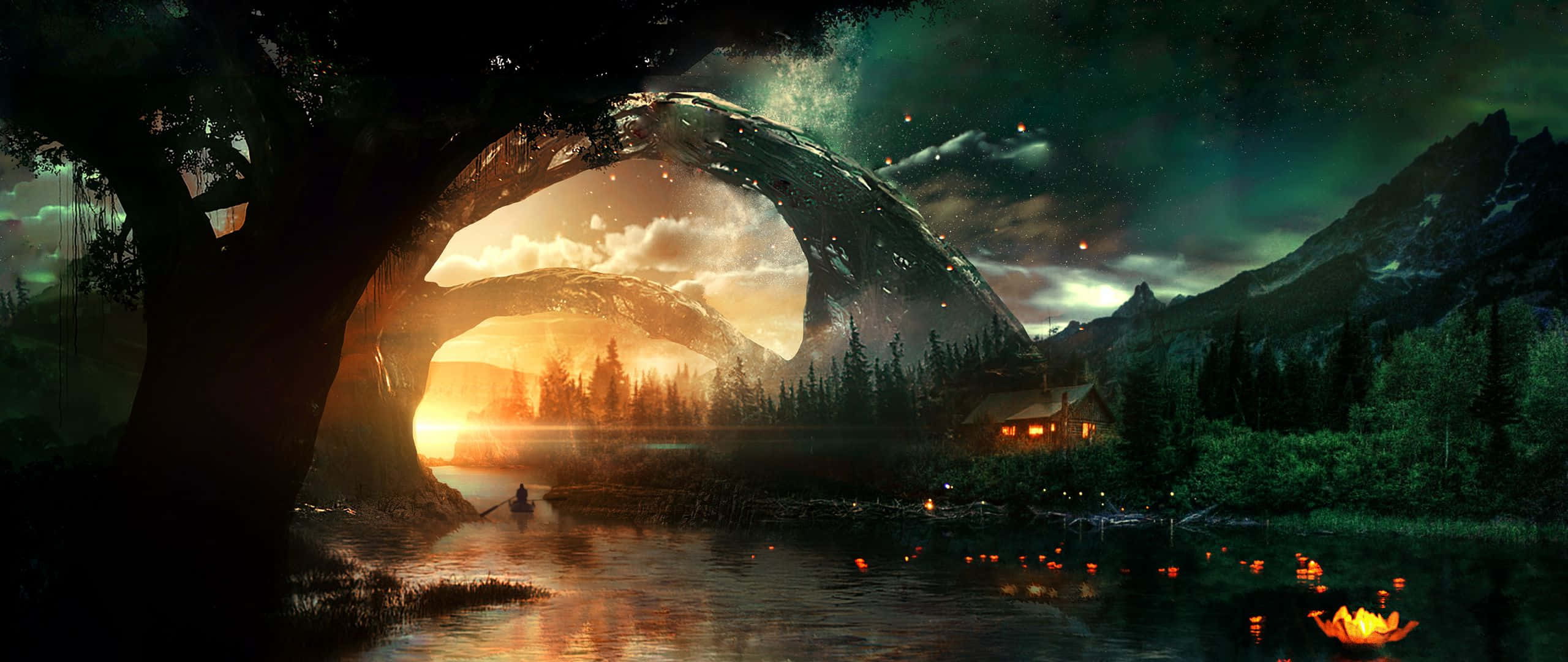 Art 2560x1080 桌布 壁紙 — 發光的樹拱框住日落時寧靜的湖泊，松樹間有一座舒適的小屋，上方是星空。