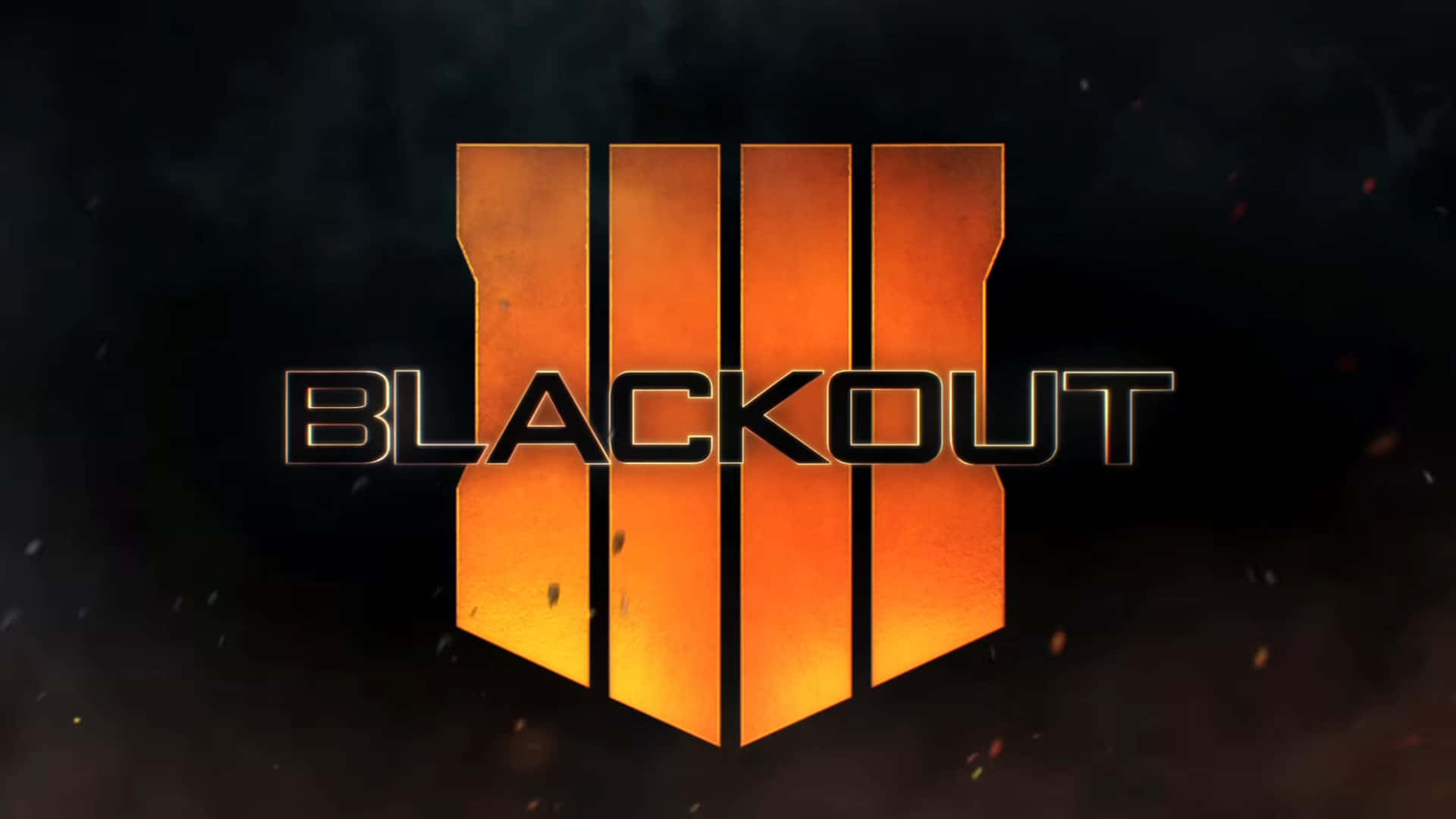 Best Call Of Duty Black Ops 4 桌布 壁紙 — 發光的橙色「Blackout」標誌，帶有三條垂直條紋，在黑暗煙霧背景中與漂浮的火花形成鮮明對比。