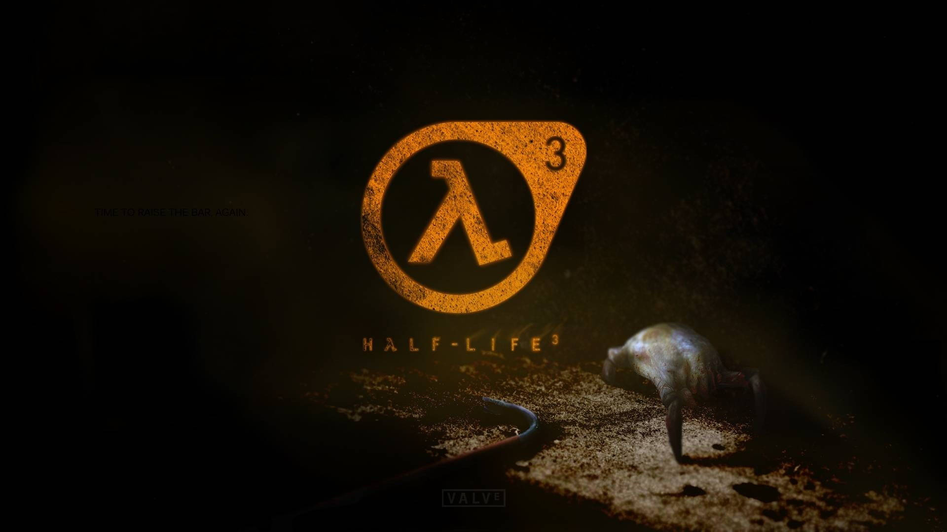 life 桌布 壁紙 — 發光的橙色 Half-Life 3 標誌照亮了黑暗粗糙的地板，附近有一隻小生物在爬行。