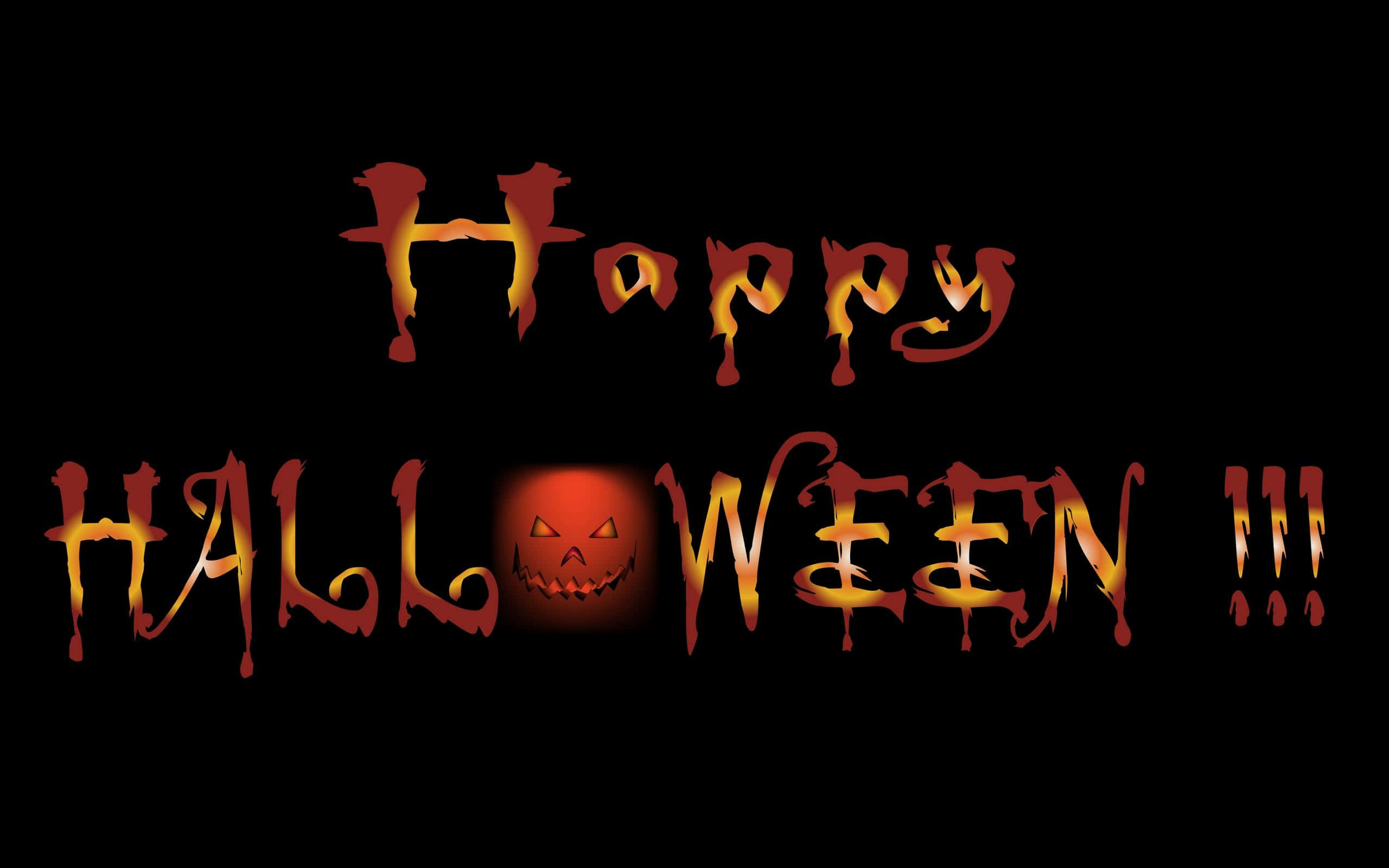 Greetings 桌布 壁紙 — 發光的橙色和紅色萬聖節文字，中間有一個南瓜燈臉孔，位於黑色背景上。