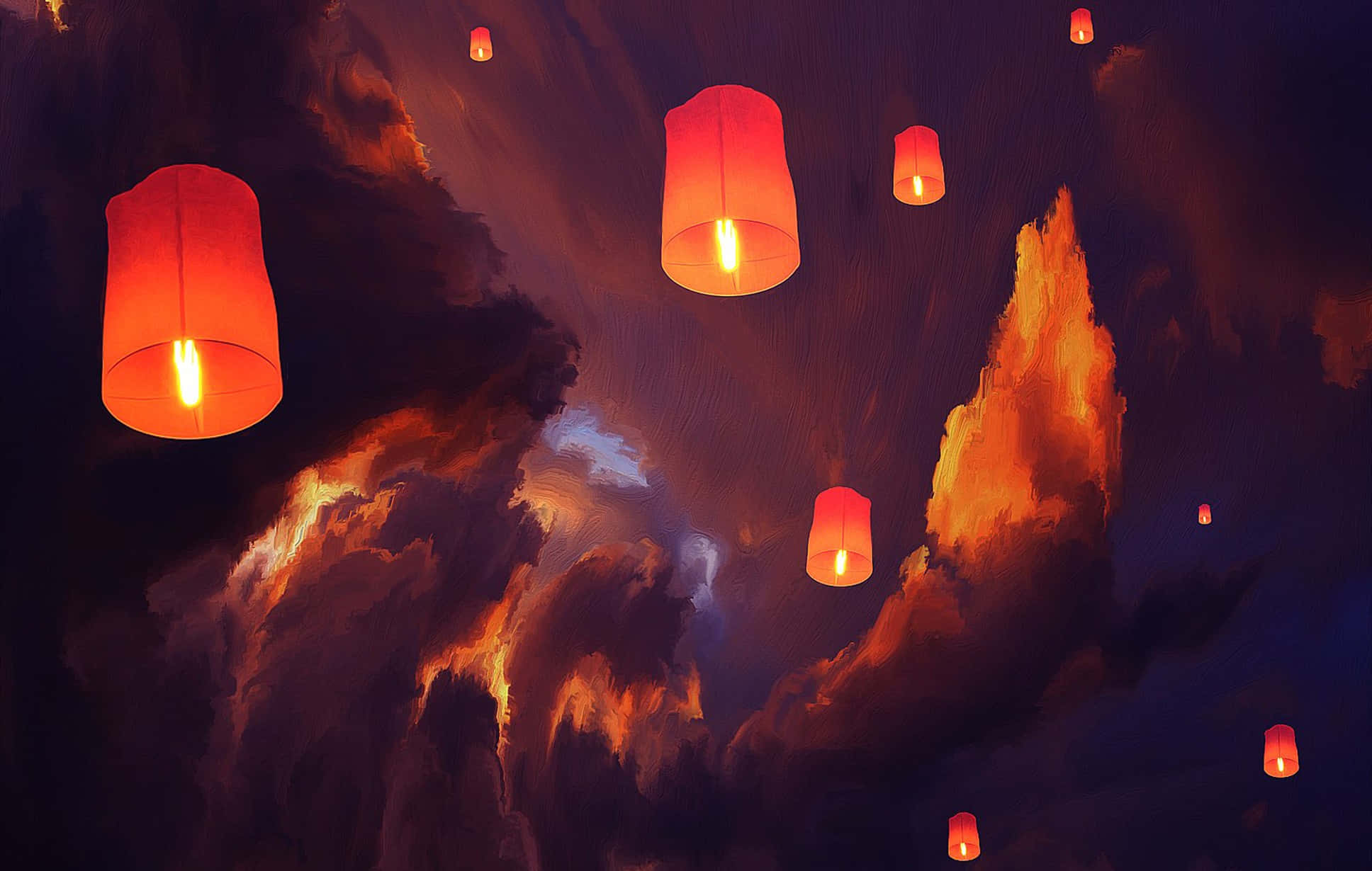 Lantern 桌布 壁紙 — 發光的橙色天燈在佈滿火紅雲彩的戲劇性暮色天空中向上飄升。