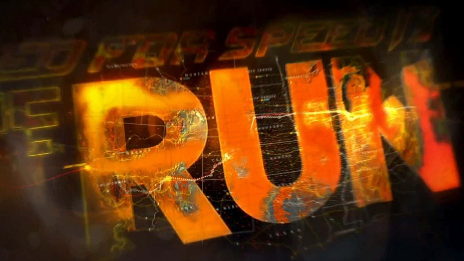 Run 桌布 壁紙 — 發光的橙色文字 'THE RUN' 在黑暗背景上帶有數位扭曲和火焰般的光芒跳動。