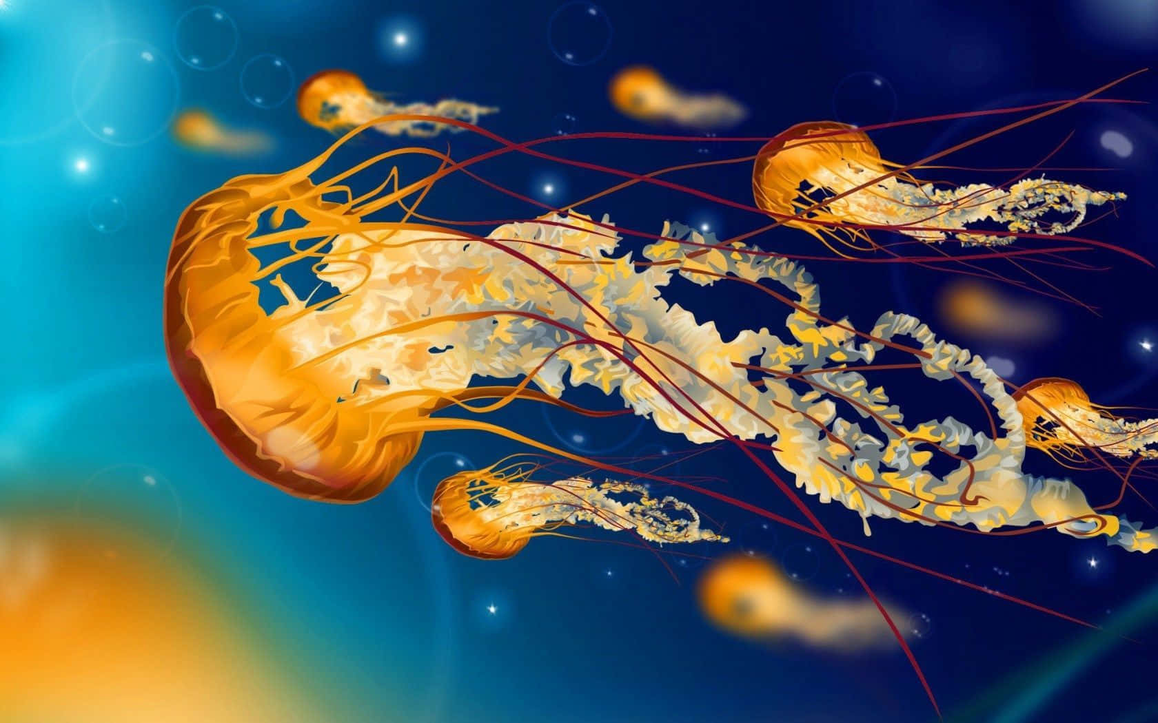 Jellyfish Fields 桌布 壁紙 — 發光的橙色水母在深藍色海洋中優雅地漂流，被柔和的光線和漂浮的氣泡照亮。