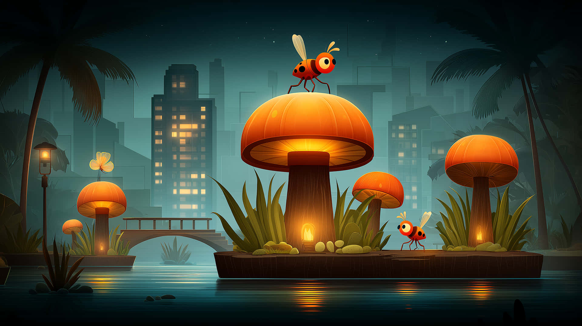 Fantasy Cityscape with Glowing Mushrooms and Insects 壁紙 — 發光的橙色蘑菇漂浮在霧夜中靠近橋樑的水面上，橋樑附近有棕櫚樹和城市天際線。