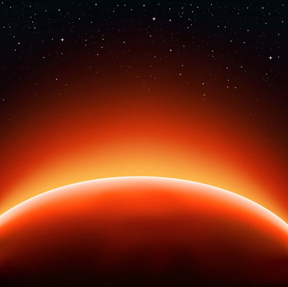 Red Space 桌布 壁紙 — 發光的橙色行星地平線，映襯著繁星點點的夜空，帶有輻射的大氣光芒。