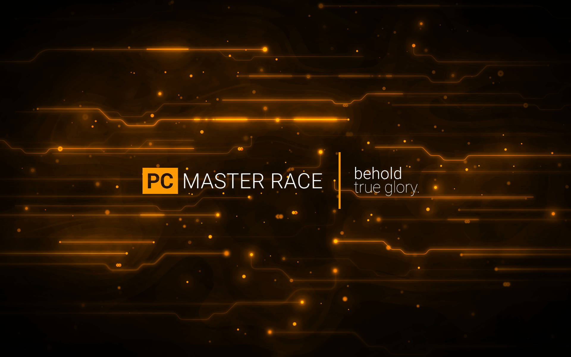 meme 桌布 壁紙 — 發光的橙色電路線在黑暗背景上脈動，帶有「PC MASTER RACE」文字和「behold true glory」標語。