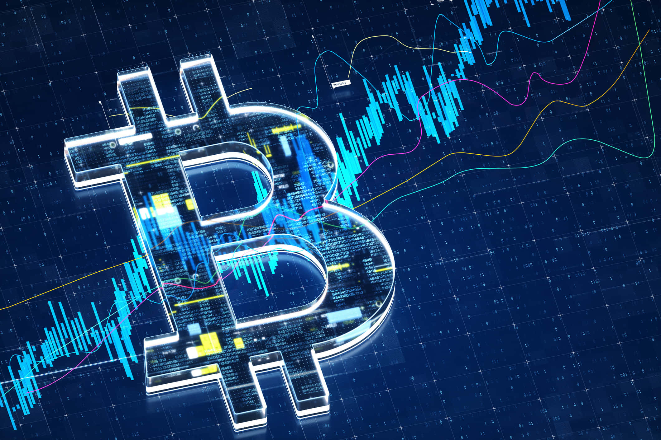 Cryptocurrency 桌布 壁紙 — 發光的比特幣符號嵌入數位電路中，彩色金融圖表在深藍色網格背景上旋轉。