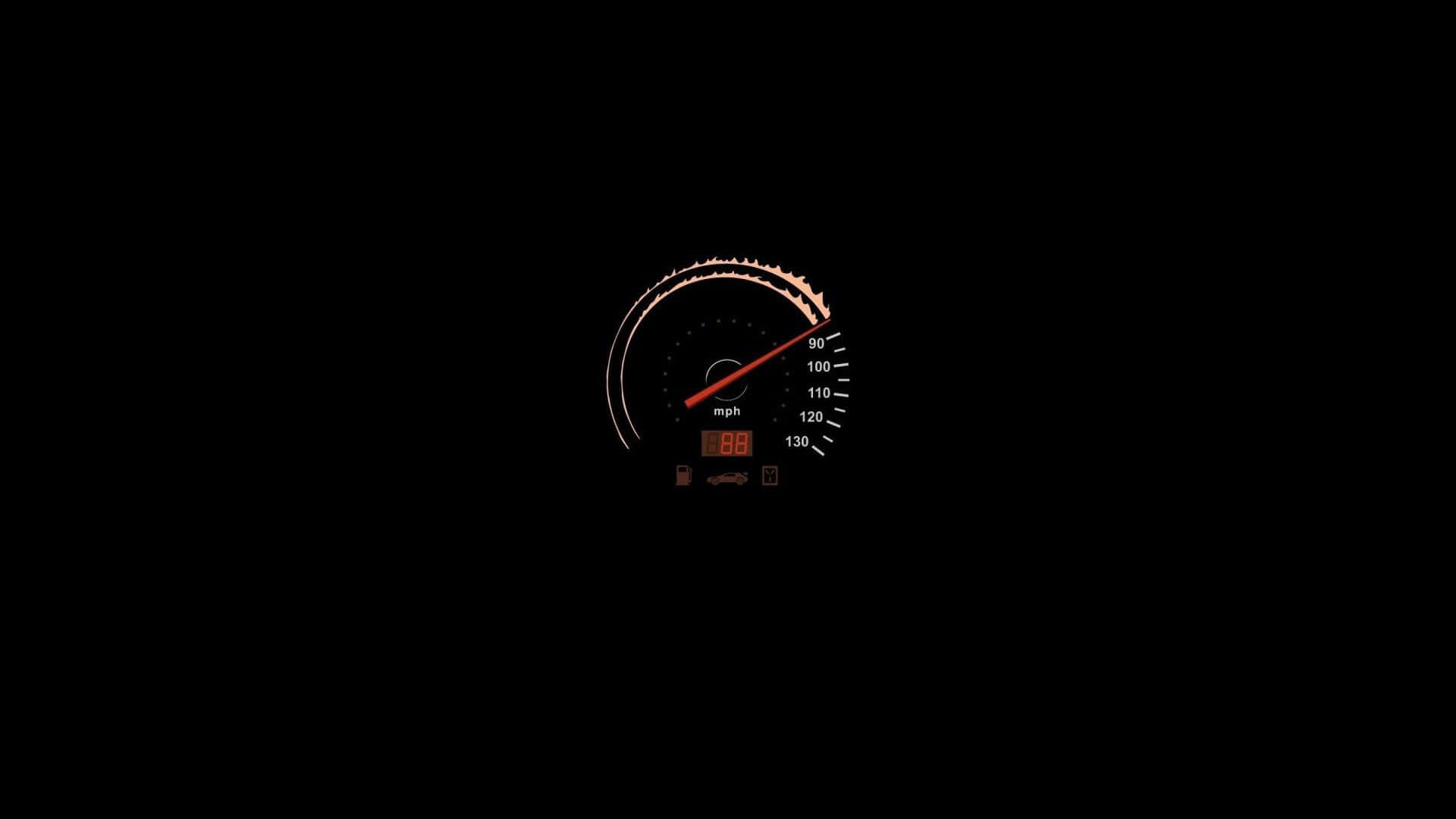 極簡桌面 桌布 壁紙 — 發光的汽車速度錶，顯示時速88英里，黑色背景，橙色指針和刻度。