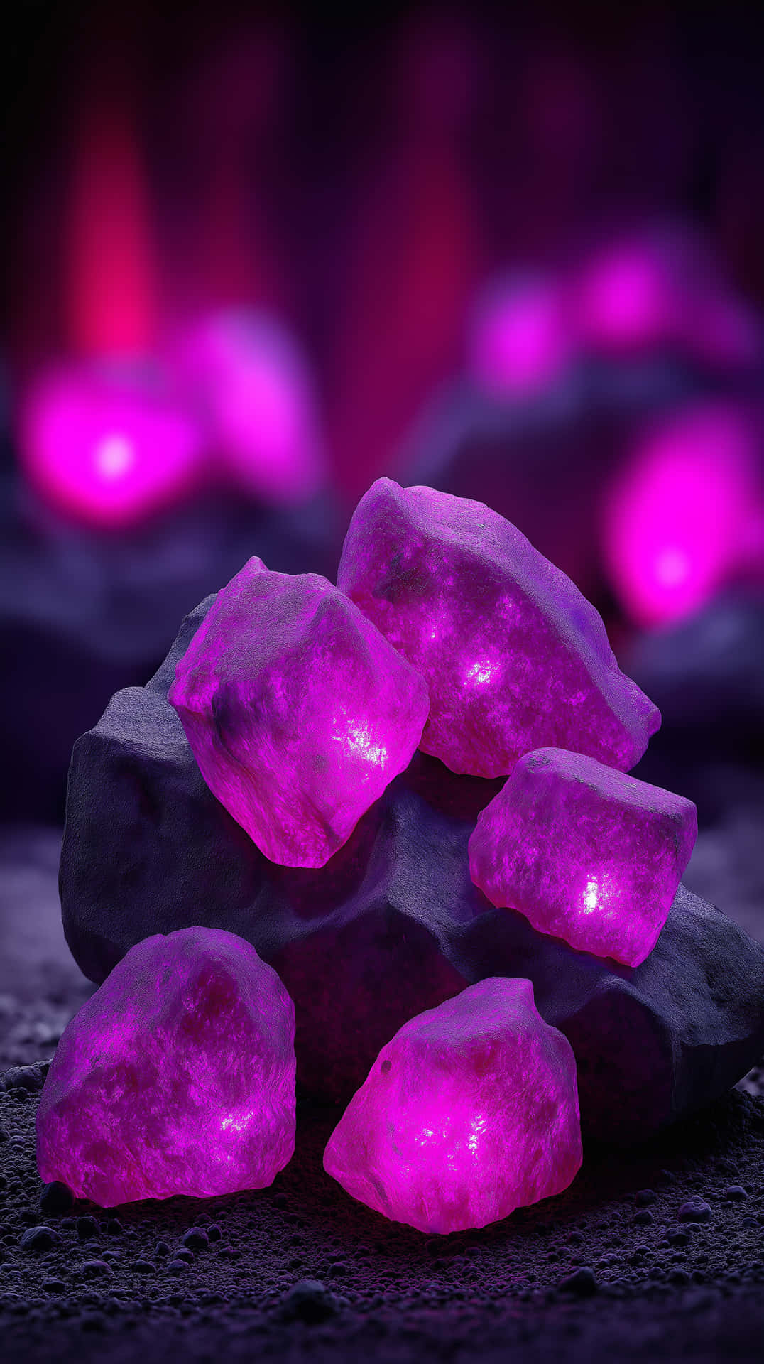 Glowing Crystal Cave 壁紙 — 發光的洋紅色水晶放置在深色岩石上，背景有柔和的紫色散景燈光。