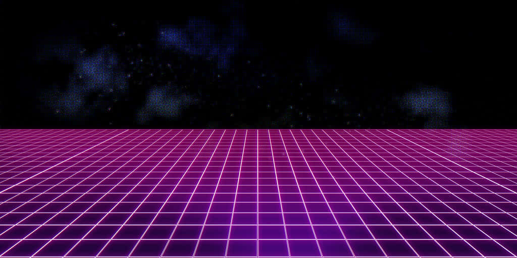 Pink Grid 桌布 壁紙 — 發光的洋紅色網格地板延伸至星空，帶有像素化星雲。