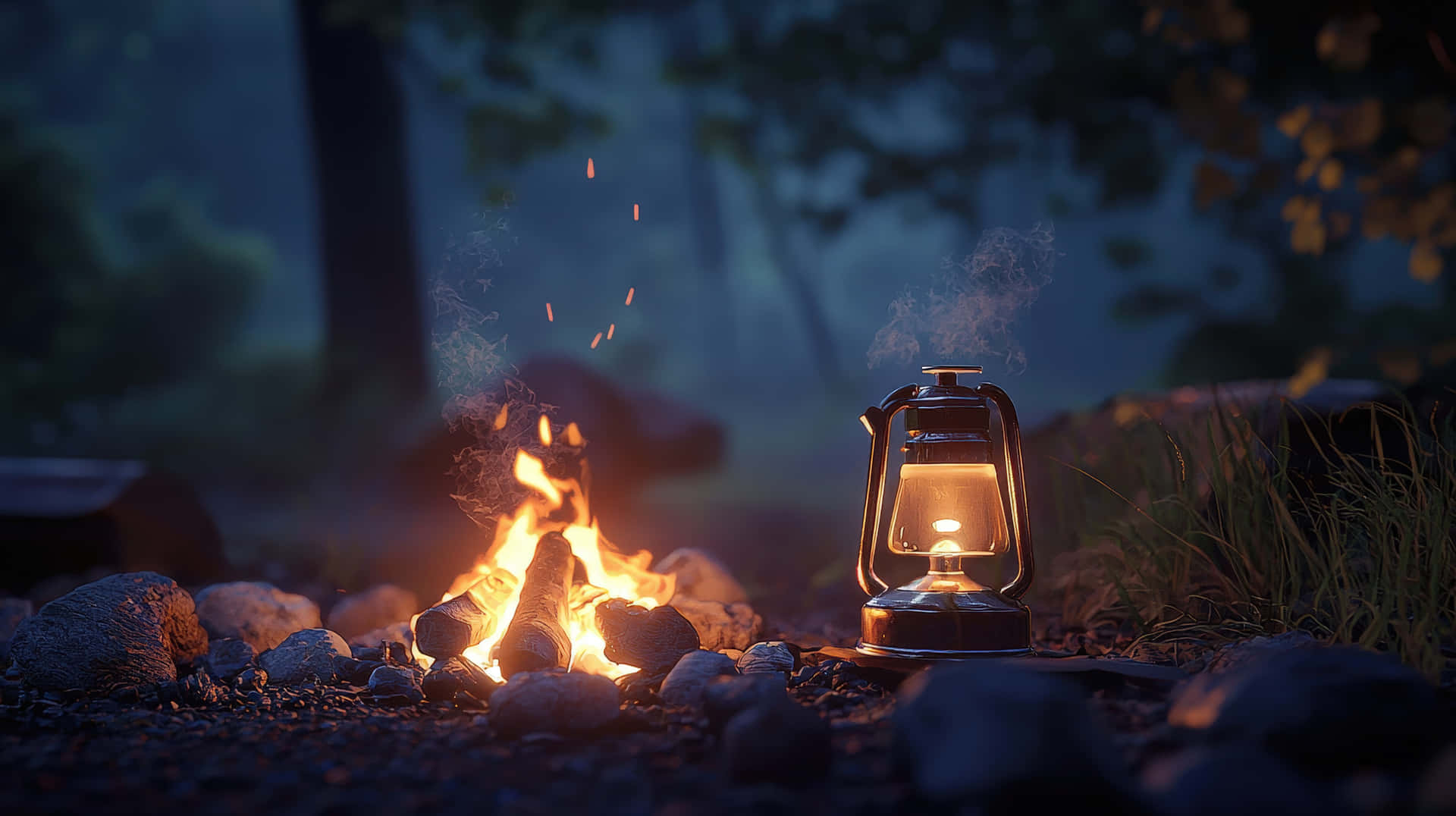 A glowing campfire and vintage lantern illuminate a misty forest at night 壁紙 — 發光的燈籠和劈啪作響的營火在黃昏時分將溫暖的光線投射在霧濛濛的森林中的岩石上。
