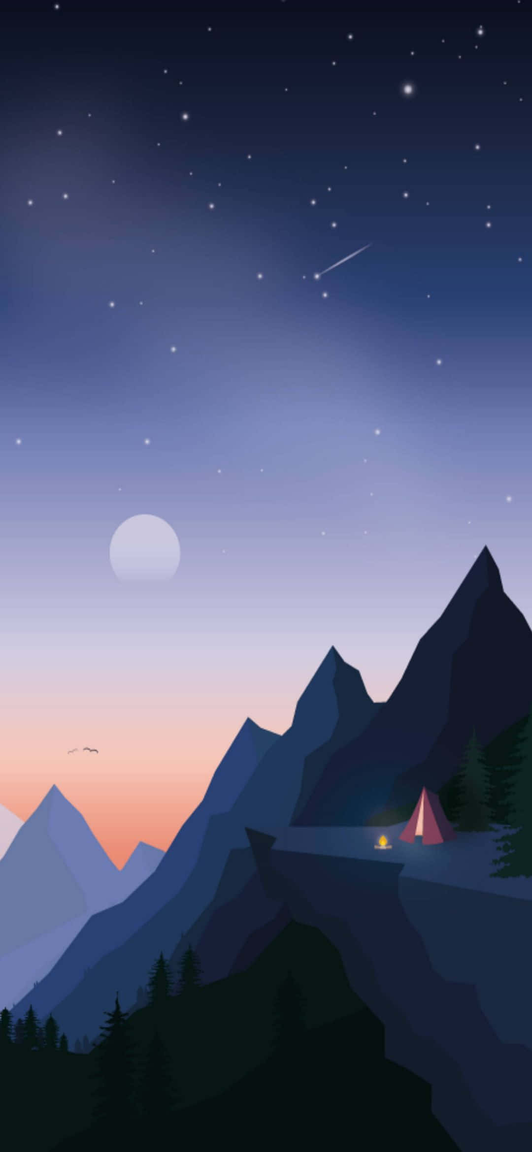 桌布 壁紙 — 發光的營火照亮了在星空暮色天空下、新月旁、暗黑山脈中的粉紅色帳篷。