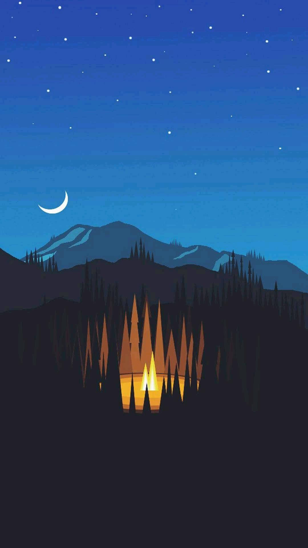 Dark Phone 桌布 壁紙 — 發光的營火照亮了夜空下的森林，滿天繁星、新月和遠山。