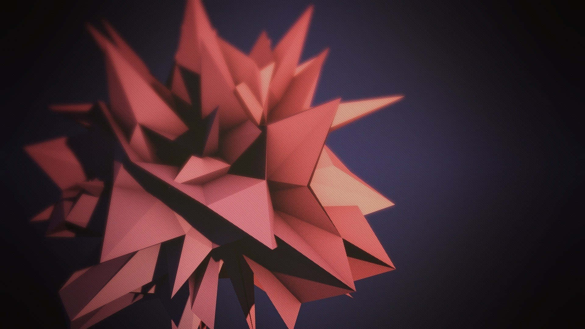 Shapes 桌布 壁紙 — 發光的珊瑚粉紅色幾何爆炸，帶有銳利的刻面，在深靛藍漸變背景上放射光芒。