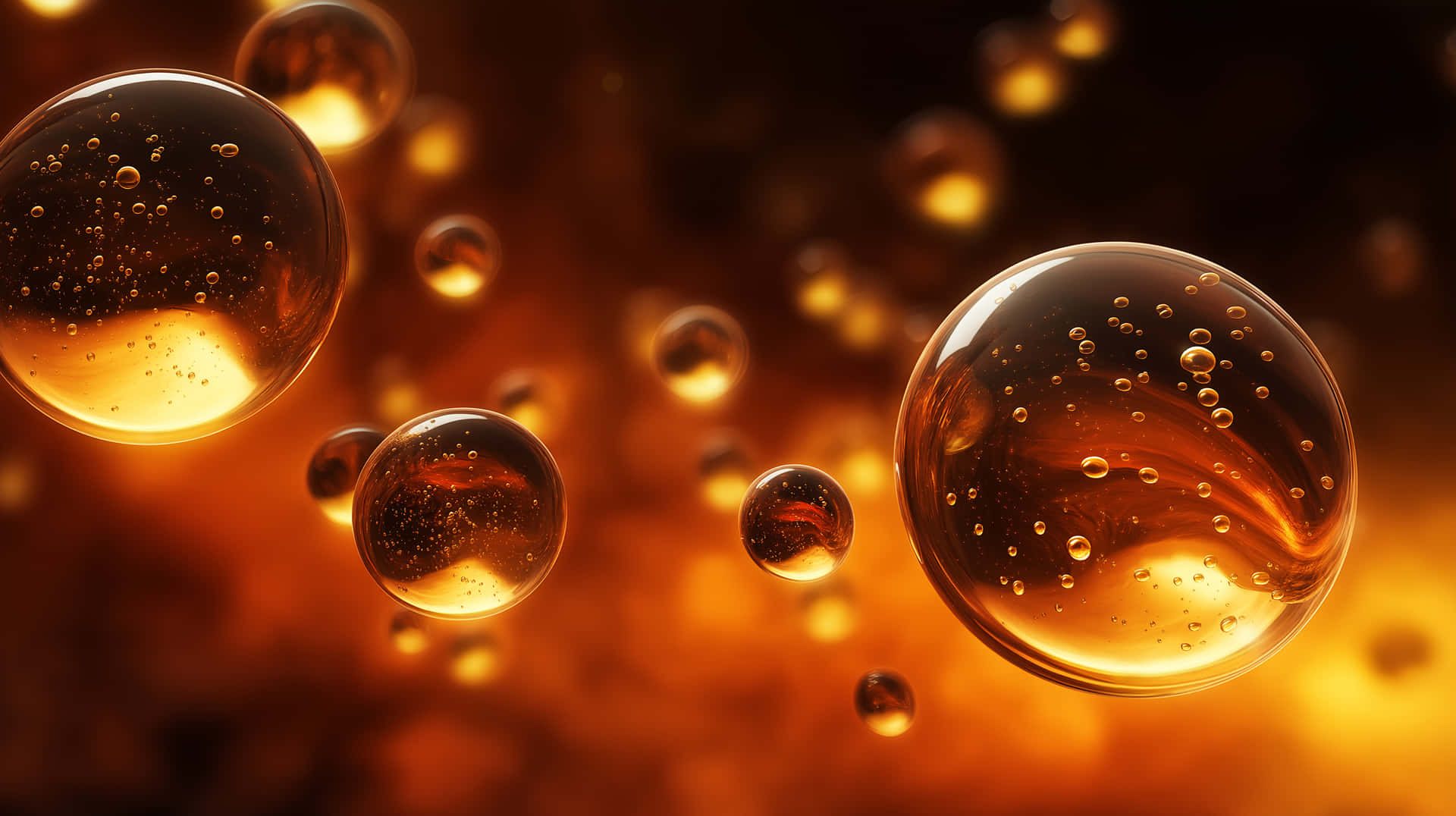 Floating Luminous Spheres, Abstract Liquid Science 壁紙 — 發光的琥珀色氣泡在溫暖的金色光線中漂浮，帶有柔和散景背景。