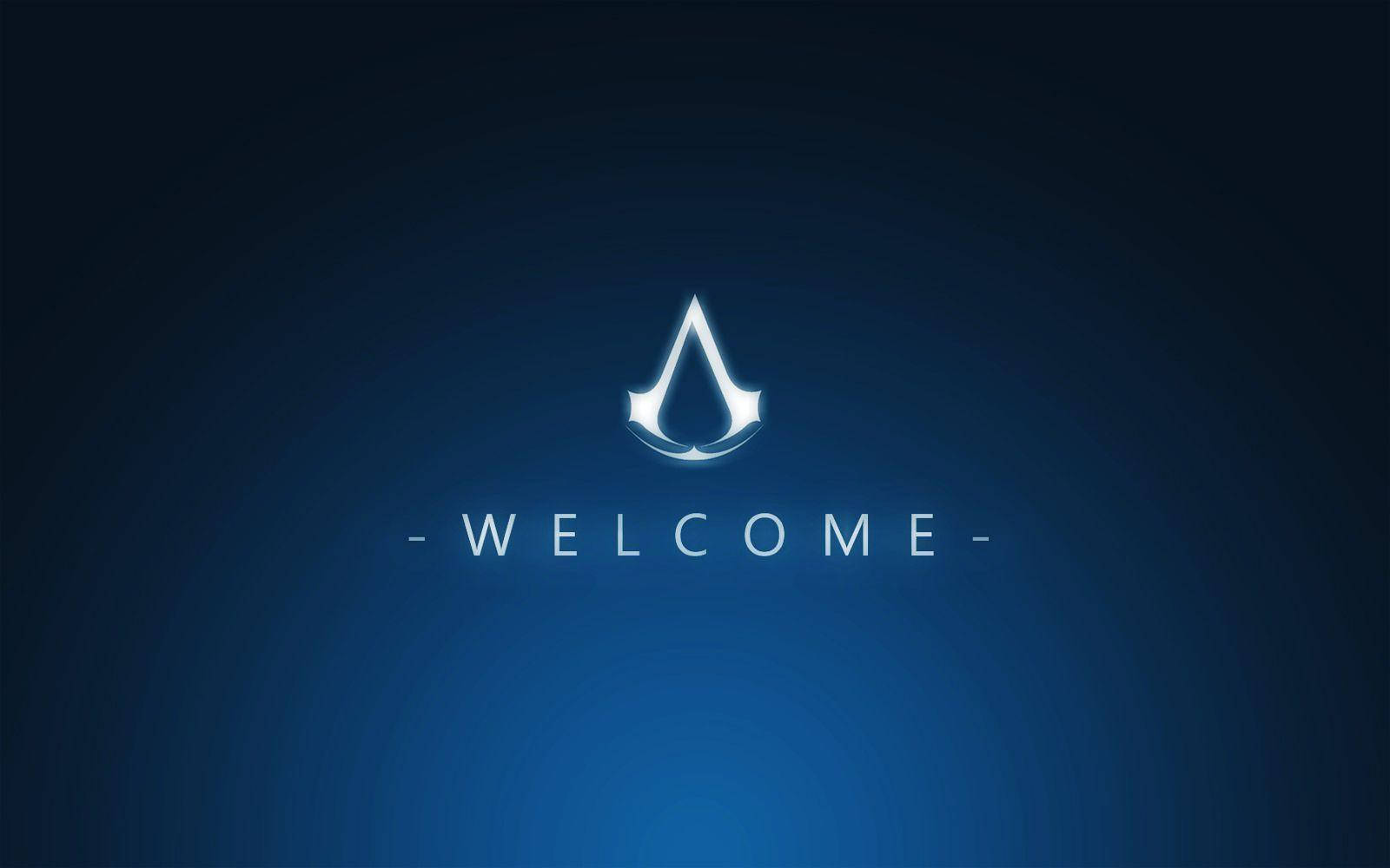 Welcome 桌布 壁紙 — 發光的白色 Assassin's Creed 標誌居中於漸變藍色背景上，下方有 WELCOME 字樣。