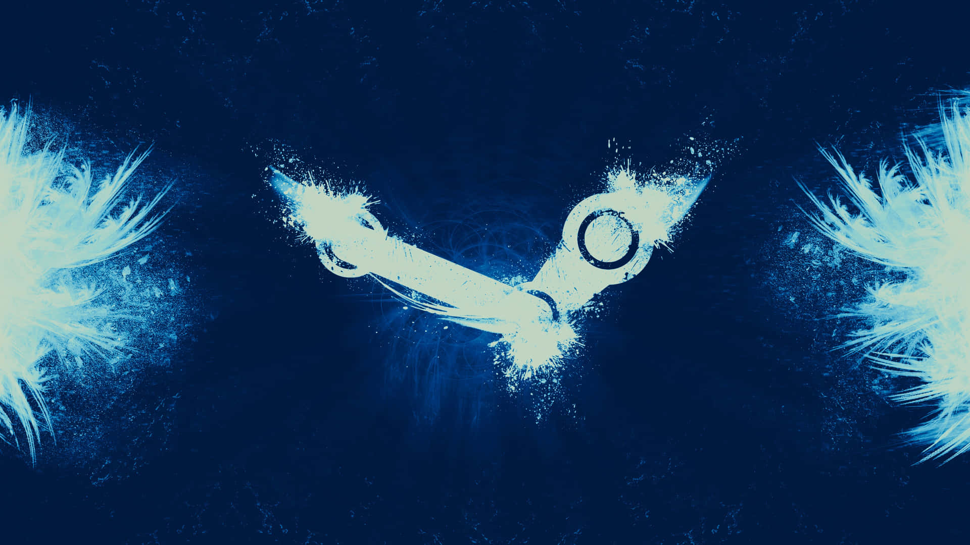 深藍色背景上發光的白色 Steam 標誌，帶有羽毛狀光芒 — 4K雙螢幕壁紙 壁紙