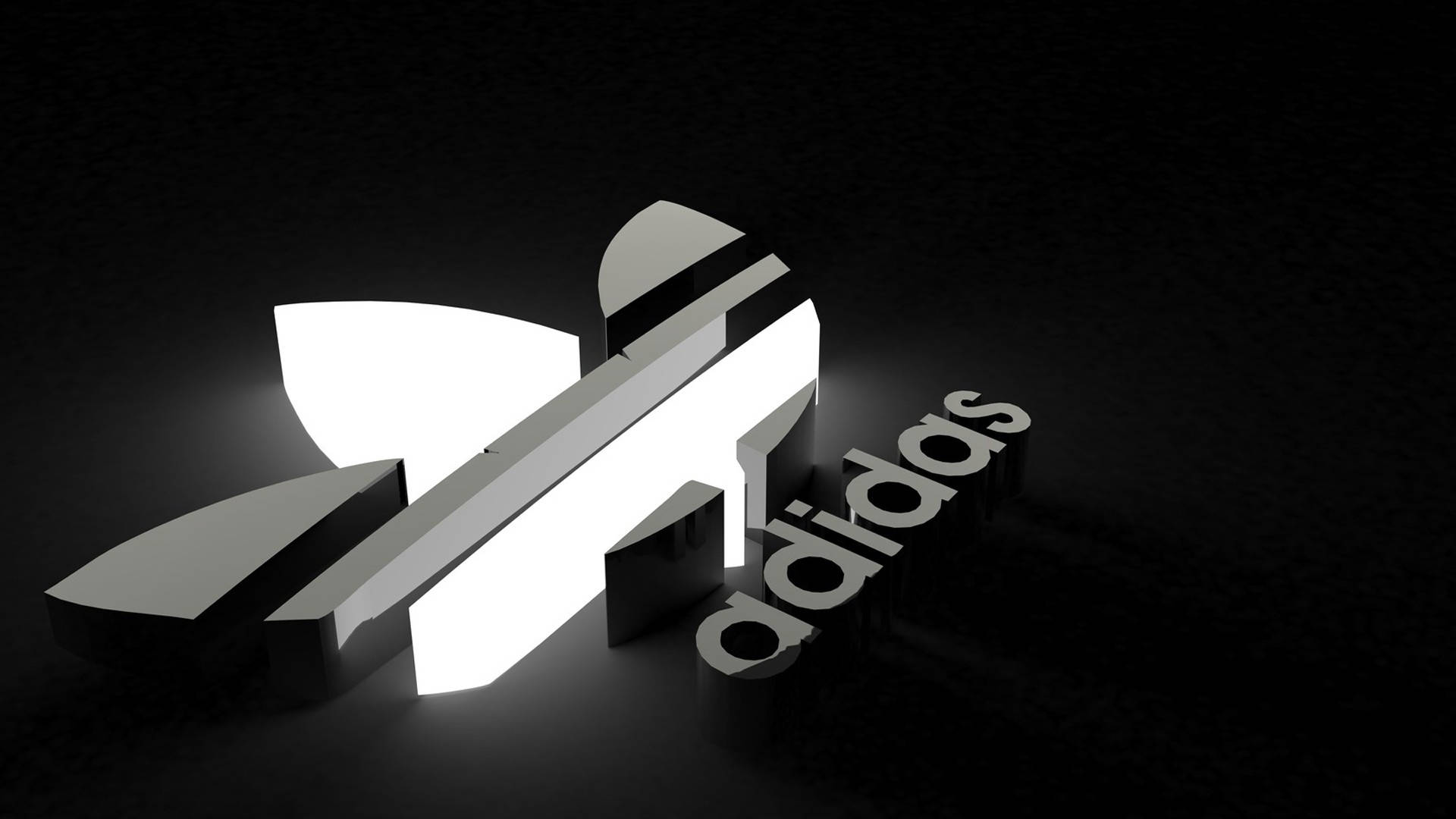 品牌 桌布 壁紙 — 發光的白色Adidas標誌，帶有三條紋和品牌名稱，在深色紋理背景上脫穎而出。